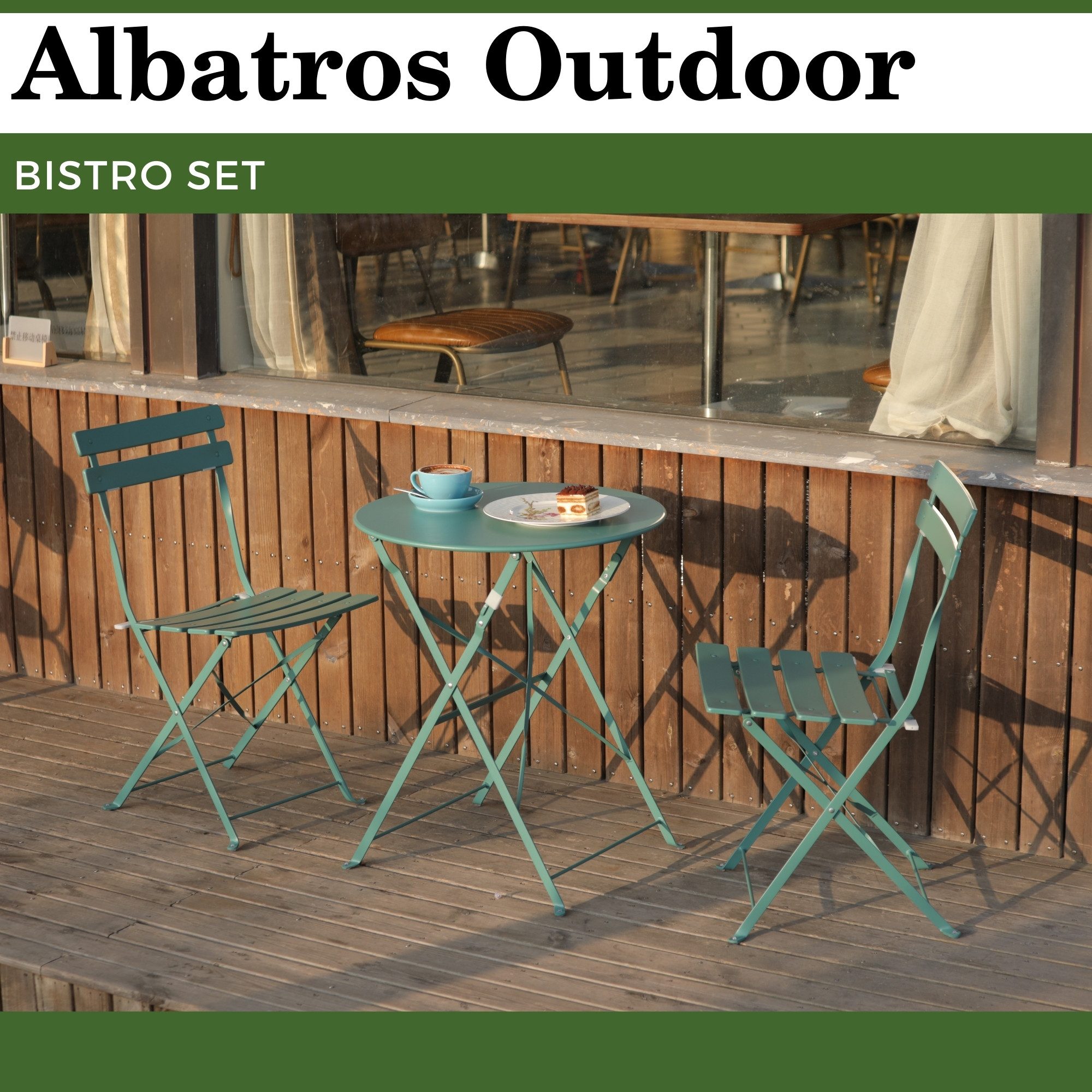 Albatros International Balkonset Bistroset 3-teilig Grün Bistrotisch 2 Stühle und Tisch aus Metall, (optimal als Balkonmöbel Set oder Gartenmöbel in modernem Design, Grün), klappbare Stühle und Tisch aus robustem Metall