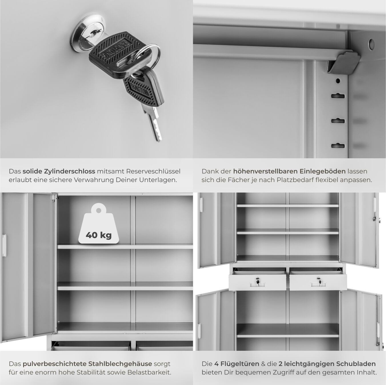 tectake Aktenschrank Geräumiger Stahlschrank mit 2 Schubladen (Aktenregal, 1-St., in hellgrau) Verstärkte Flügeltüren mit geräuschdämpfenden Puffern – Bild 5 von 5