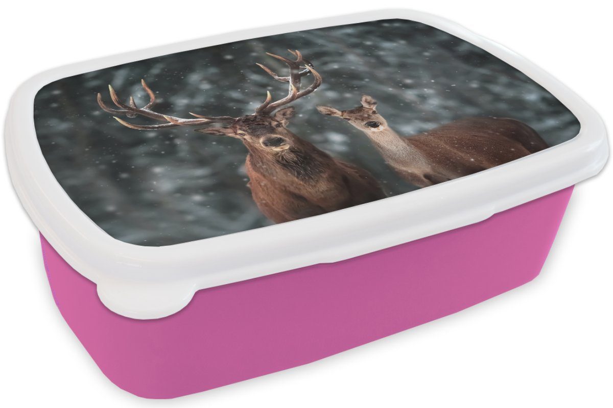 Kunststoff, Schnee Brotdose Winter rosa - - Hirsche Snackbox, Brotbox - Mädchen, für Natur, (2-tlg), Lunchbox MuchoWow - Kinder, Geweih Tiere - Kunststoff Erwachsene,