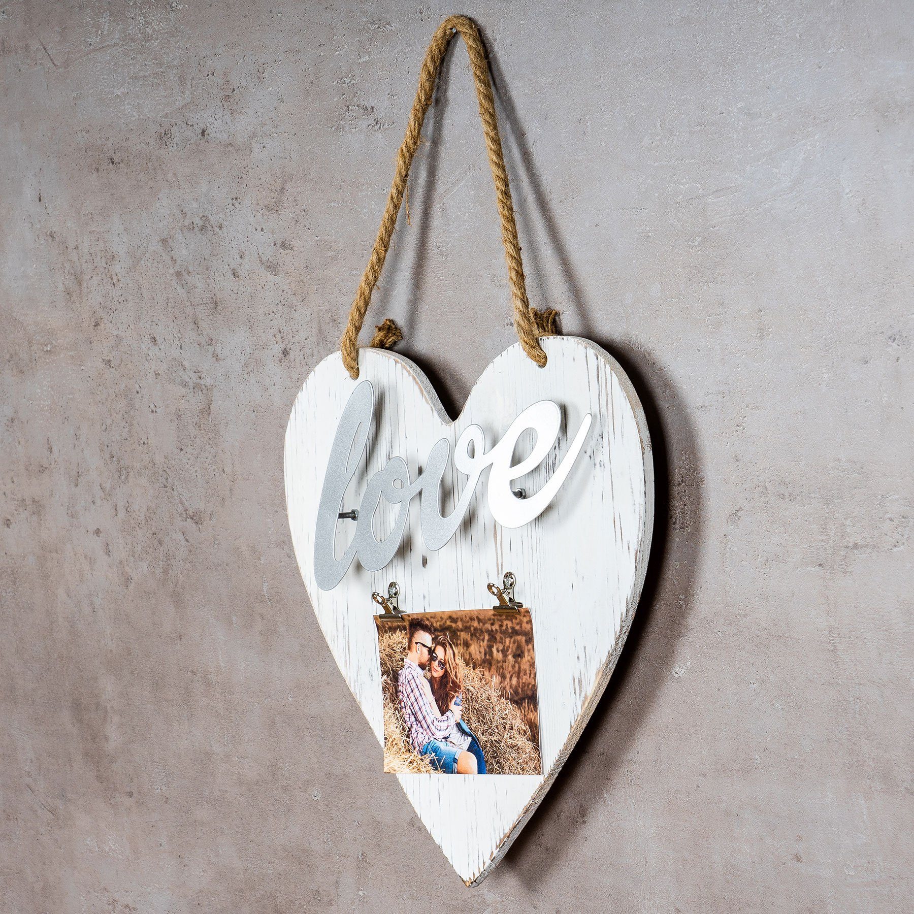 Levandeo® Bilderrahmen, Bilderrahmen 10x15 Klammern Herz Silber Weiß Love Vintage Shabby