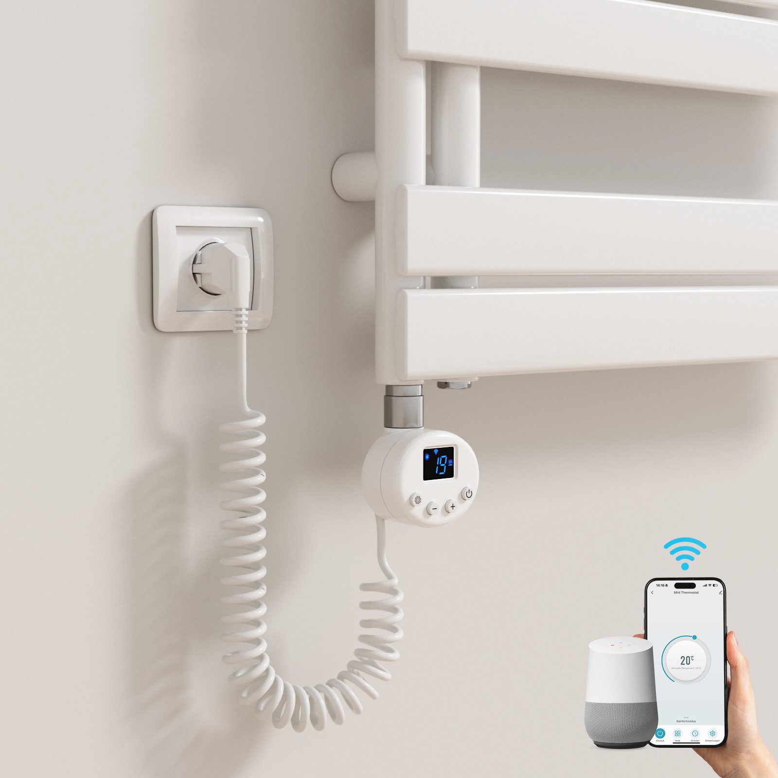 MEYKOERS Heizstab Elektro Heizstab App/WLAN-Steuerung für Badheizkörper Weiß 300W-1200W