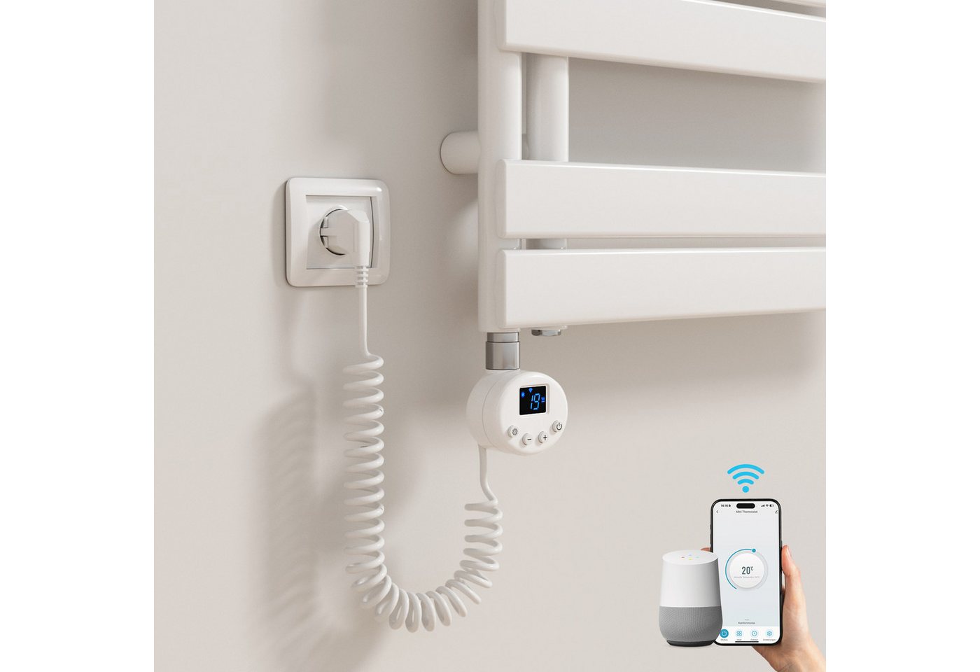 MEYKOERS Heizstab Elektro Heizstab App/WLAN-Steuerung für Badheizkörper Weiß 300W-1200W