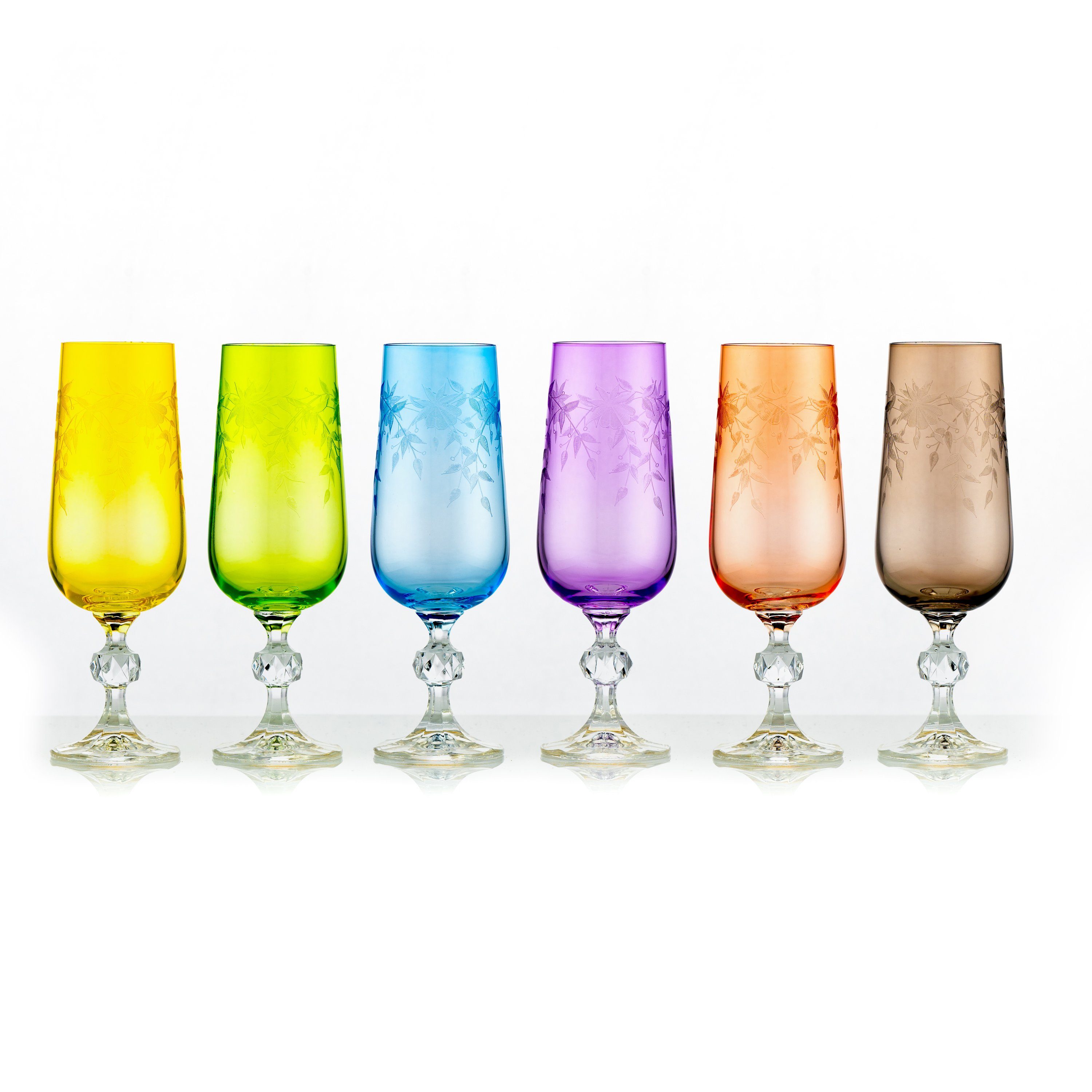 Crystalex Sektglas Floral Claudia Келихи для шампанського 180 ml 6er Set, Kristallglas, Gravur, Farbig: grün, gelb, blau, rot, lila, grau
