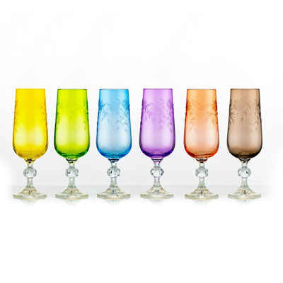 Crystalex Sektglas Floral Claudia Sektgläser 180 ml 6er Set, Kristallglas, Gravur, Farbig: grün, gelb, blau, rot, lila, grau