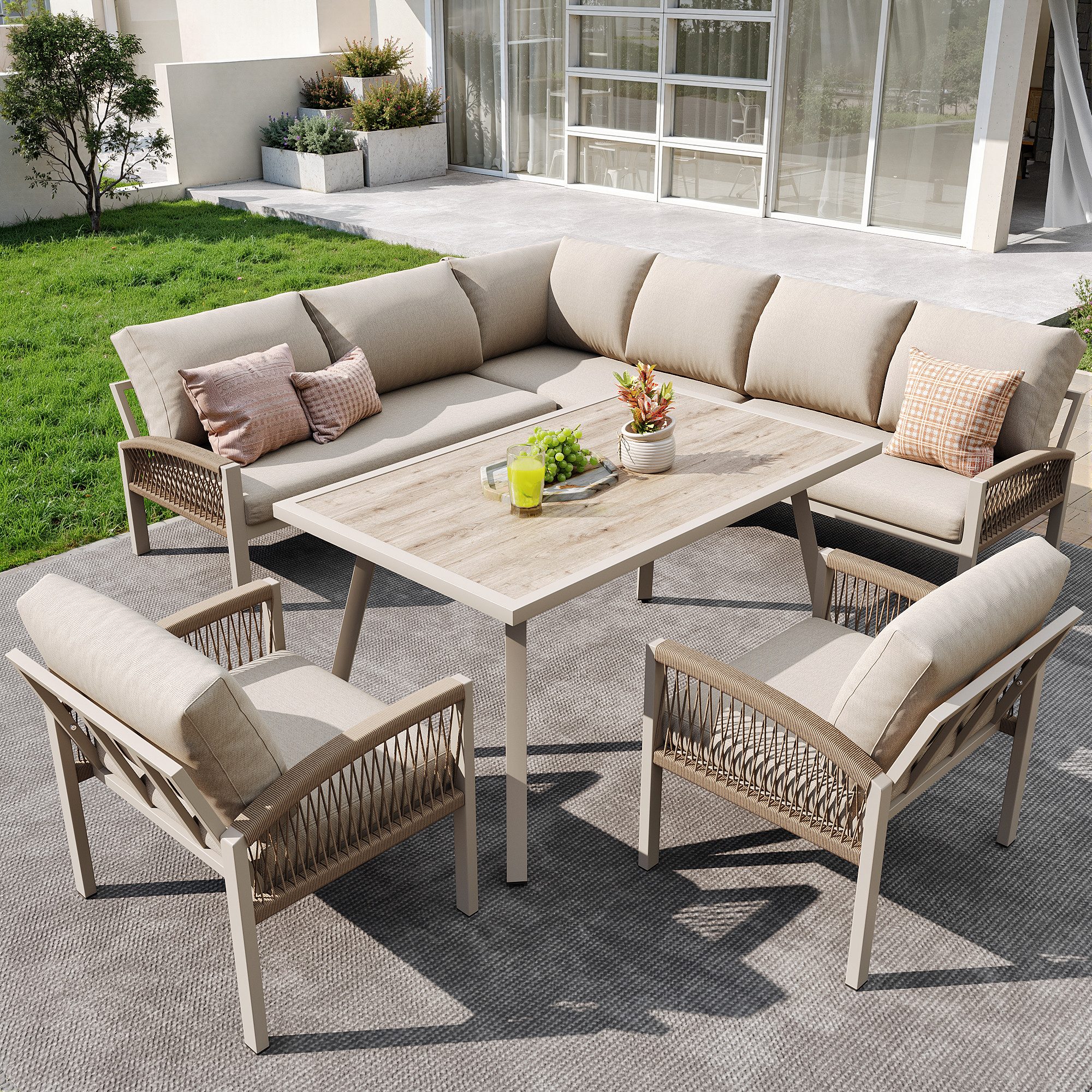 Merax Gartenlounge-Set in L-Form, Gartenmöbel mit geflochtenen Armlehnen & Eisenrahmen, (5-tlg), 8-Sitzer Sitzgruppe mit Sofa, Sesseln, Esstisch mit Glastischplatte