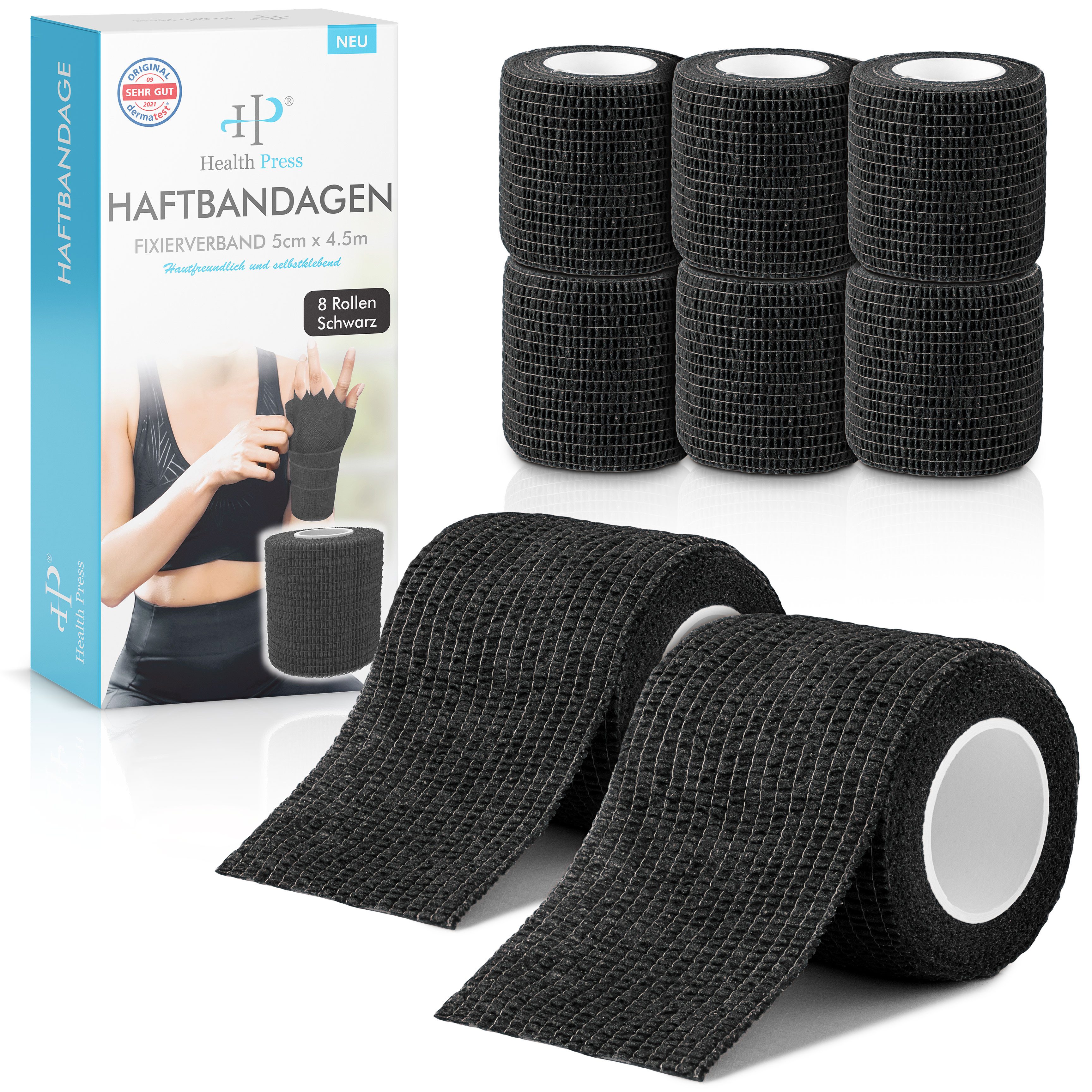 Health Press Bandage Selbstklebender Verband - 8x Pflaster Rolle (5,0cm x 4,5m)