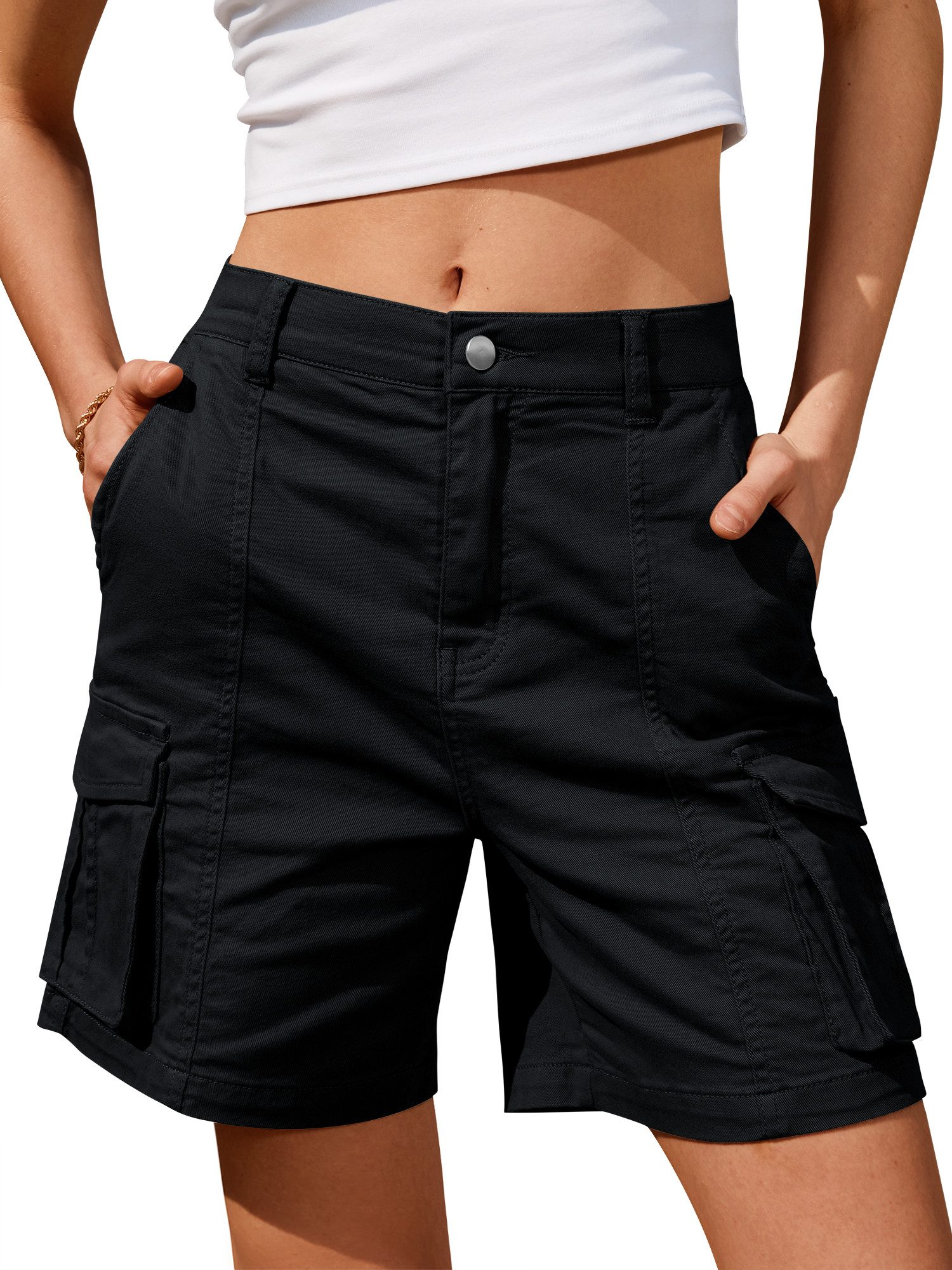 IVIR Bermudas Kurze Hose Damen, Cargo Shorts Damen (1-tlg) Hochtailliert & dehnbar aus Baumwolle mit 6 praktischen Taschen