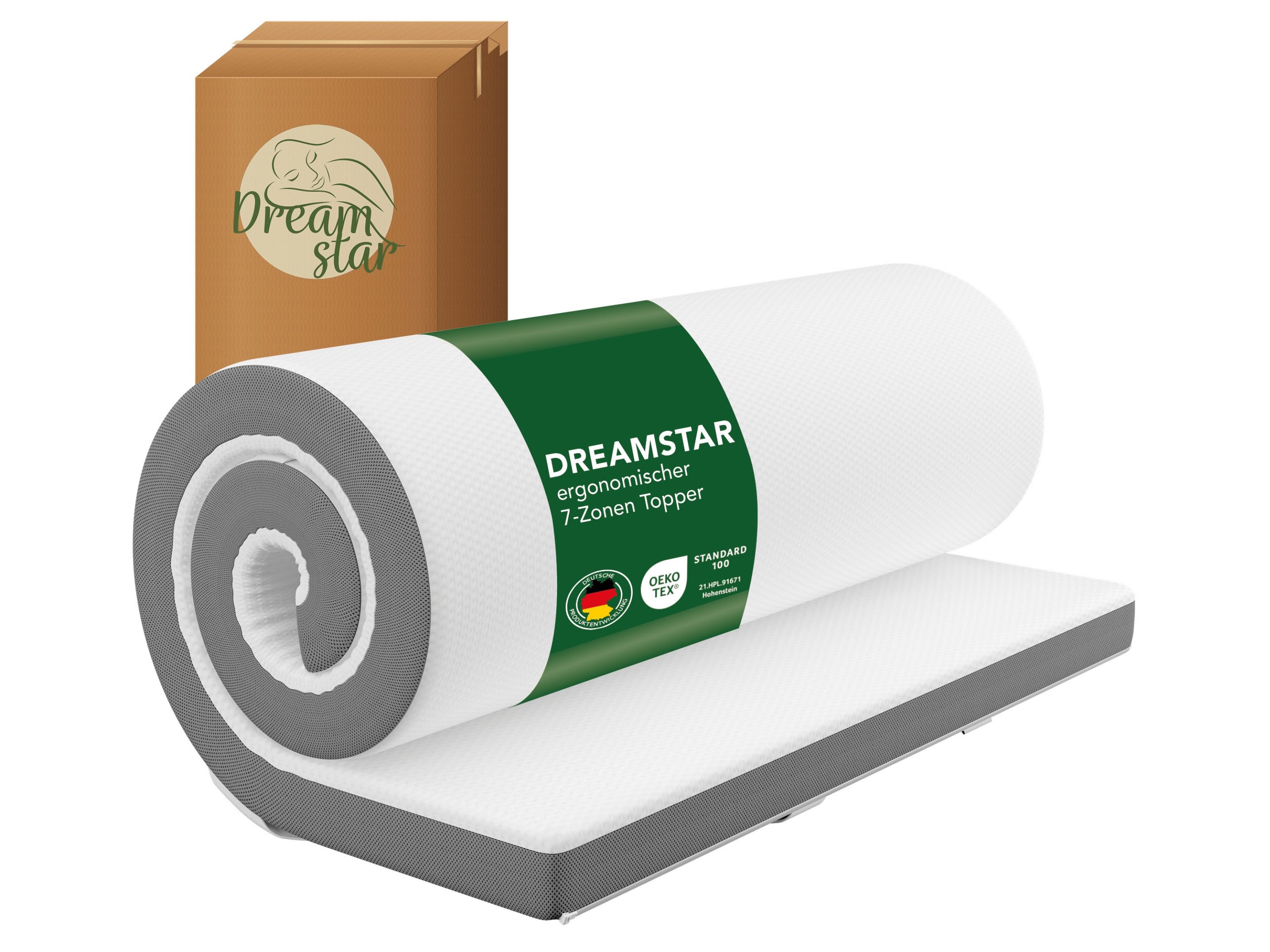 Dreamstar, Topper 7-Zonen Matratzentopper mit Gel-Memory- & Komfortschicht, H2/H3, 8 cm hoch, Komfortschaum, rutschfest, Bezug waschbar - für Matratzen und Boxspringbetten