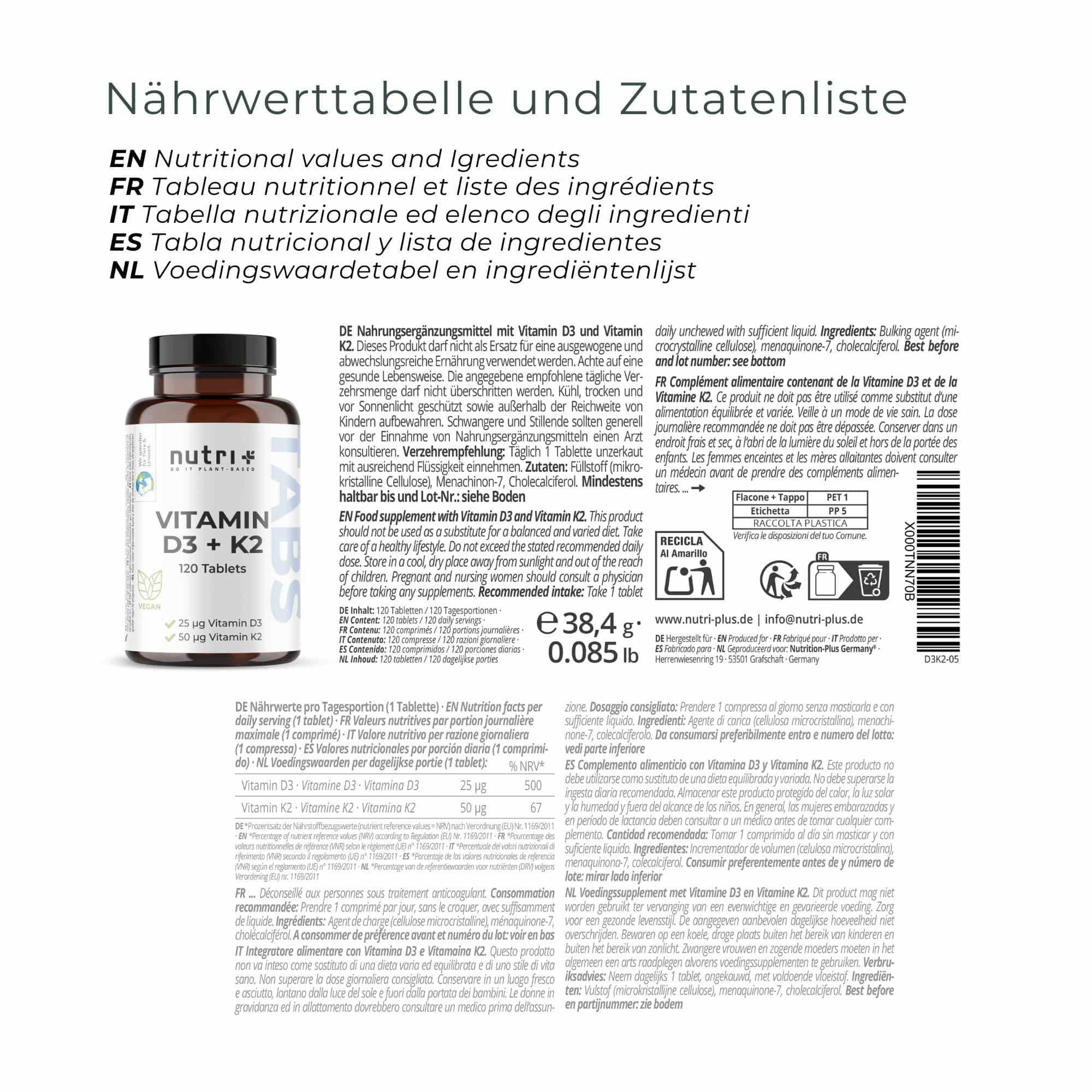 nutri+ Vitamin D3 K2 Tabletten - vegan und hochdosiert Kapseln, 1 er 120 St.