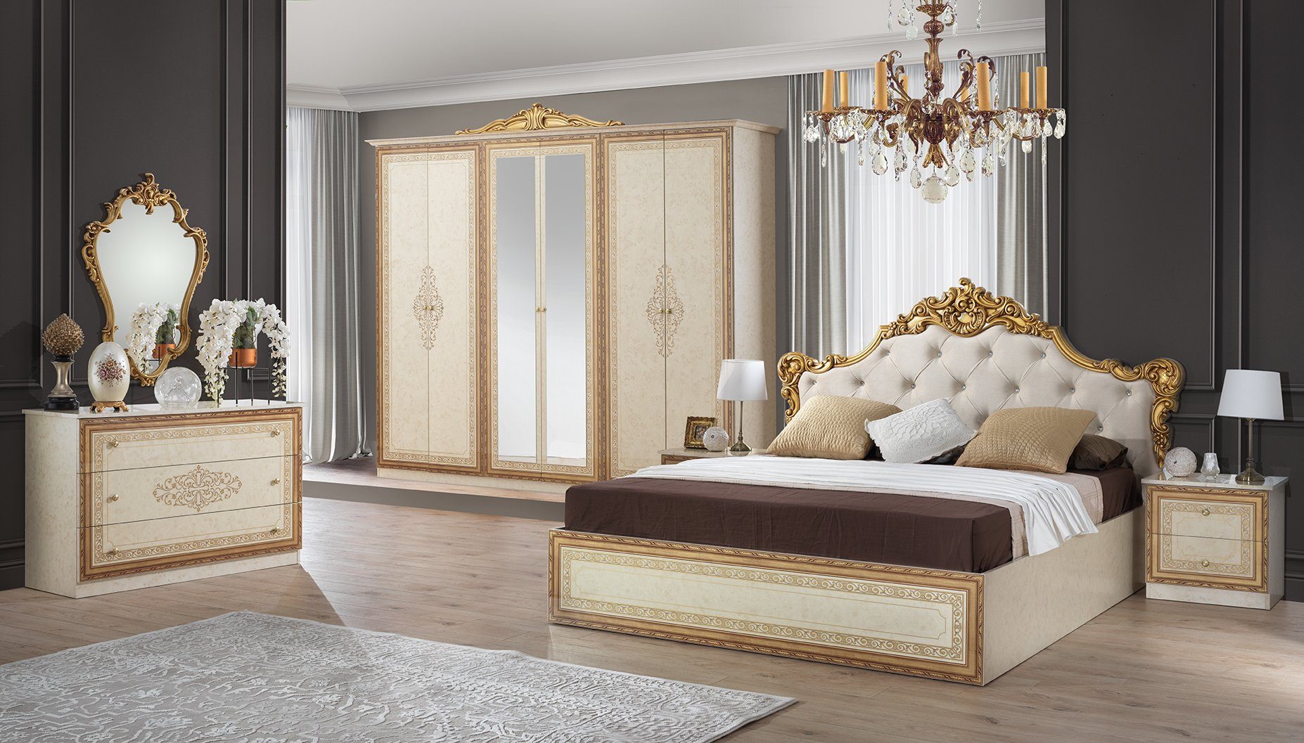 klassischen Hochglanz Stil), im Schlafzimmer-Set Barock Beige/Gold in Interdesign24 Giulia, (6-teilig,