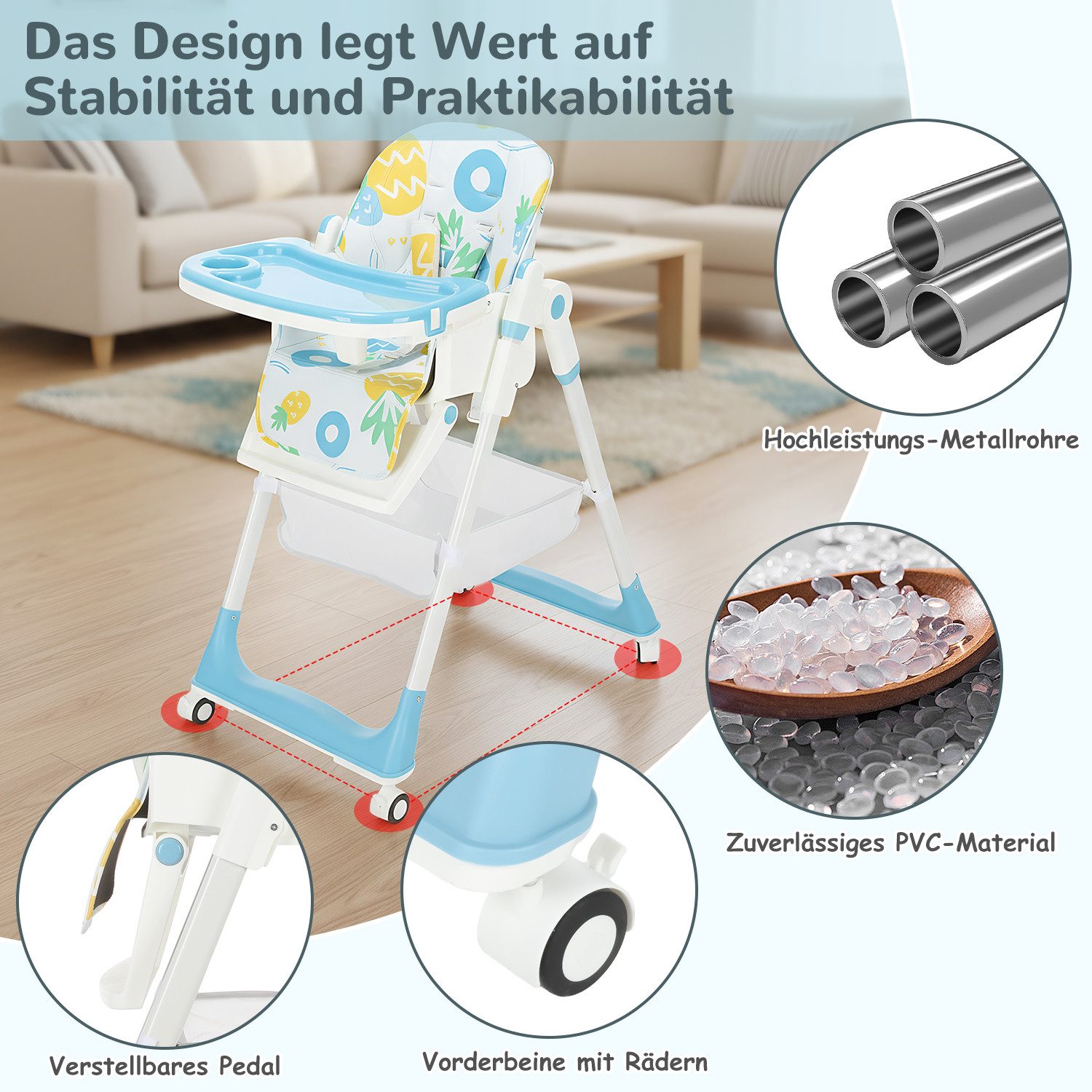 oyajia Kinderklappstuhl Kinderhochstuhl & Babyliege, extra breite Rückenlehne (mit Ablagekorb, mit 5-Punkt-Sicherheitsgurt, wasserdichtes abnehmbares Tablett), klappbar, 6 Monate bis 3 Jahre, 20kg belastbar, vier Farben