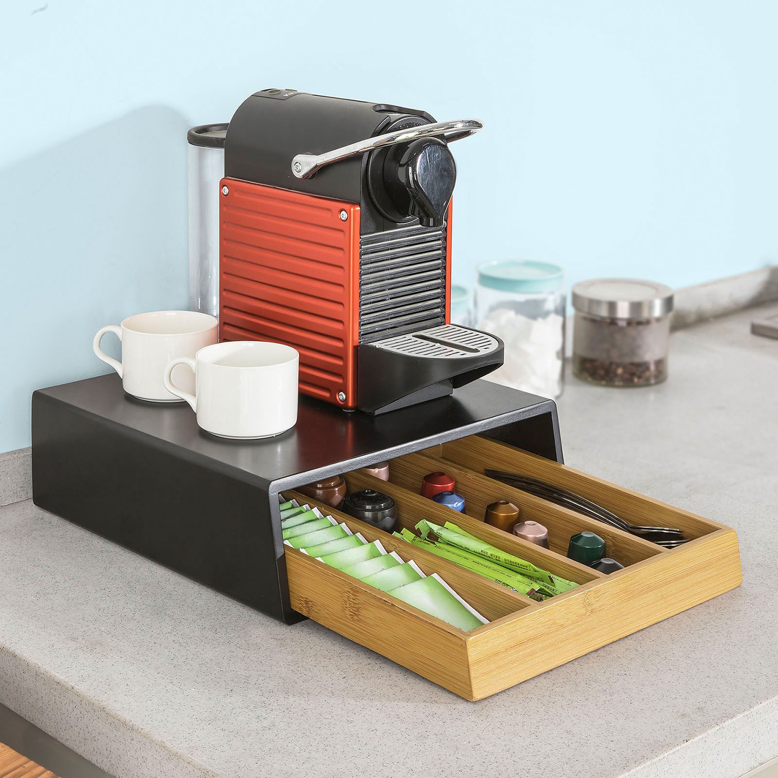 SoBuy Kapselspender FRG280, Monitorständer mit Schublade Aufbewahrungsbox Kapselhalter, Kaffeekapsel Box Schubladenbox zur Aufbewahrung von Kaffeekapseln