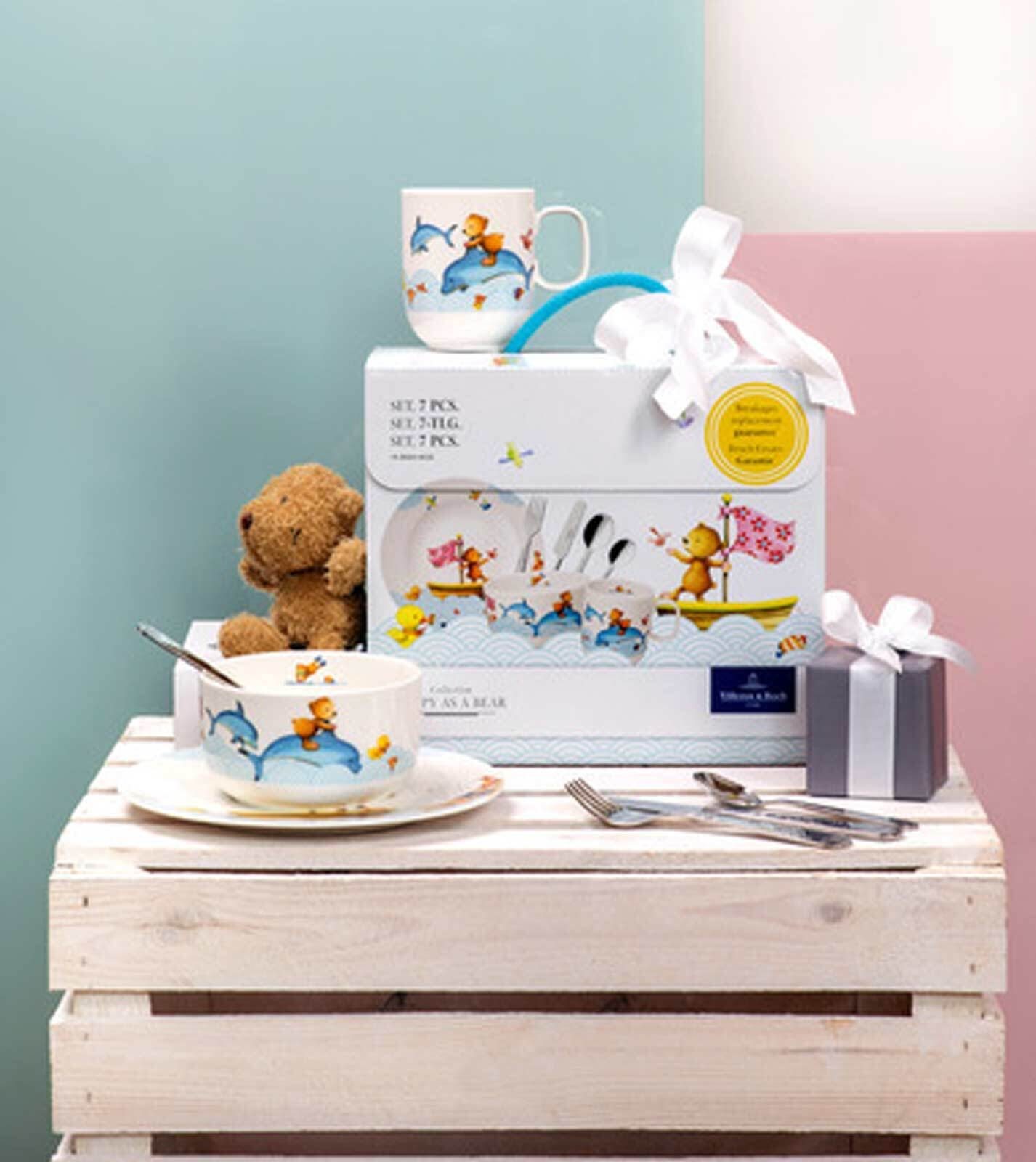 Villeroy & Boch Kindergeschirr-Set Happy as a Bear Kindergeschirr 7er Set (7-tlg), 1 Personen, Porzellan, Besteck aus Edelstahl