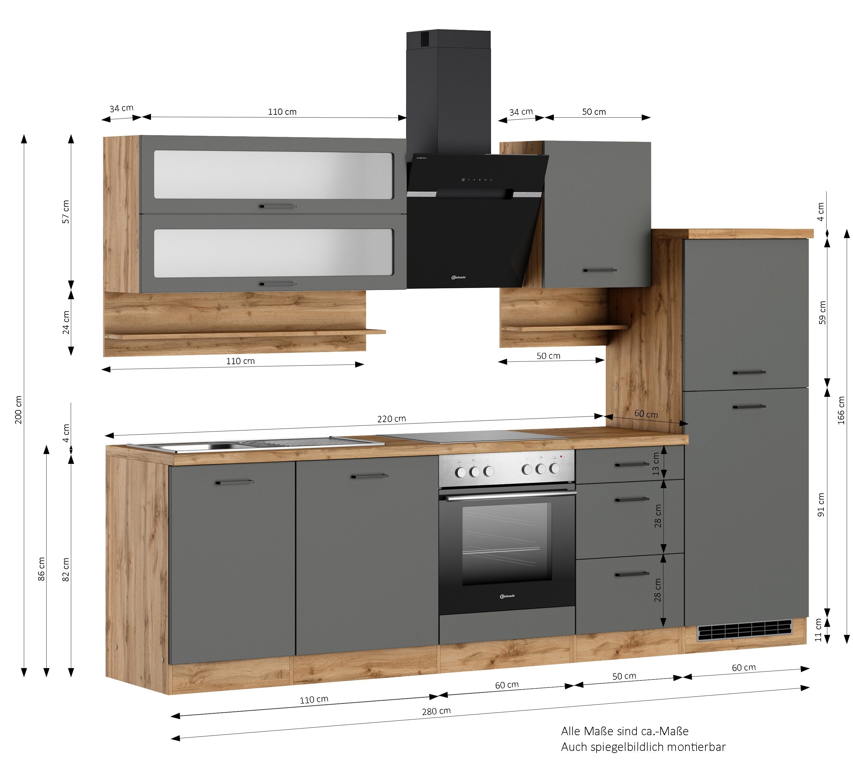 KOCHSTATION Küchenzeile Betty, Breite 280 cm, mit E-Geräten von Bauknecht