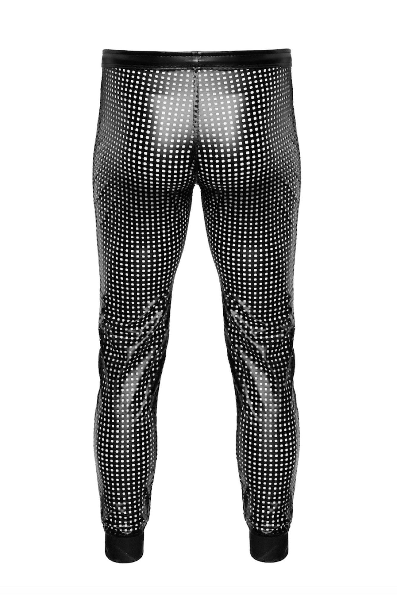 Noir Handmade Men Collection Lederimitathose Schwarze lange Herren wetlook Hose perforiert glänzend elastisch Bund