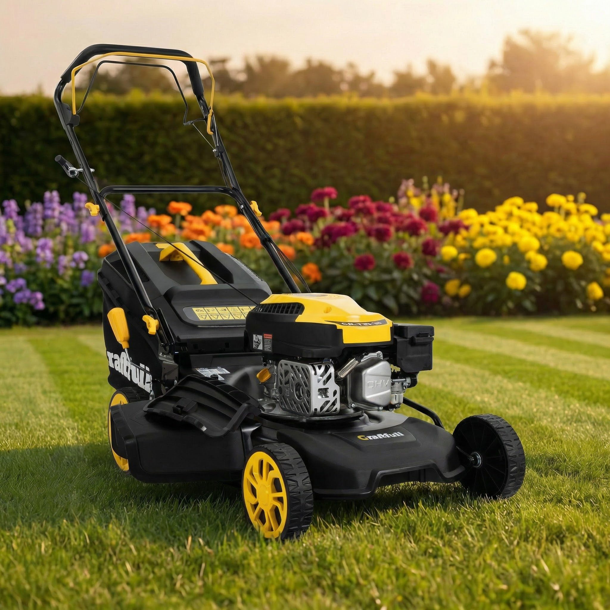 Craftfull Benzinrasenmäher CR-139-30 - 4 PS, 144 cm³ Benzin Rasenmäher mit Radantrieb, 46 cm Schnittbreite, (Rasenmäher Benzin, Rasenmäher mit Pullstart, Benzinrasenmäher, Rasenmäher Benzin, Rasenmäher mit Fangkorb, Rasenmäher Selbstantrieb), Rasenmäher mit Radantrieb