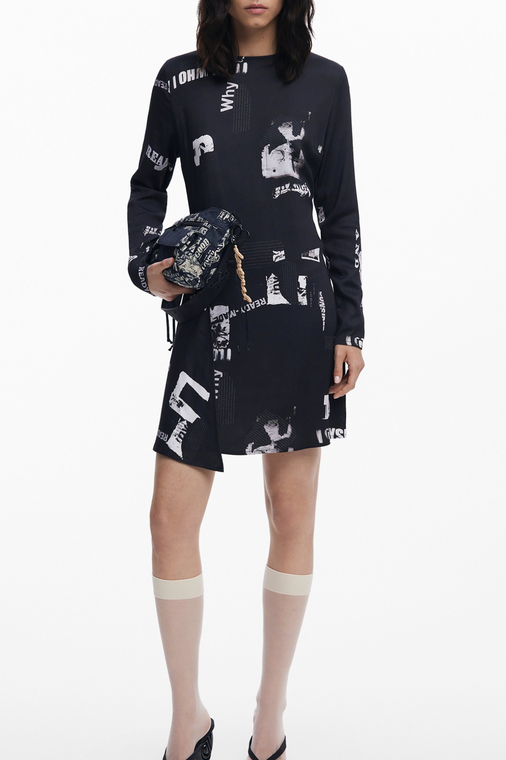 Desigual Partykleid Schwarzes kurzes Damenkleid mit Muster und kontrastreichen Details