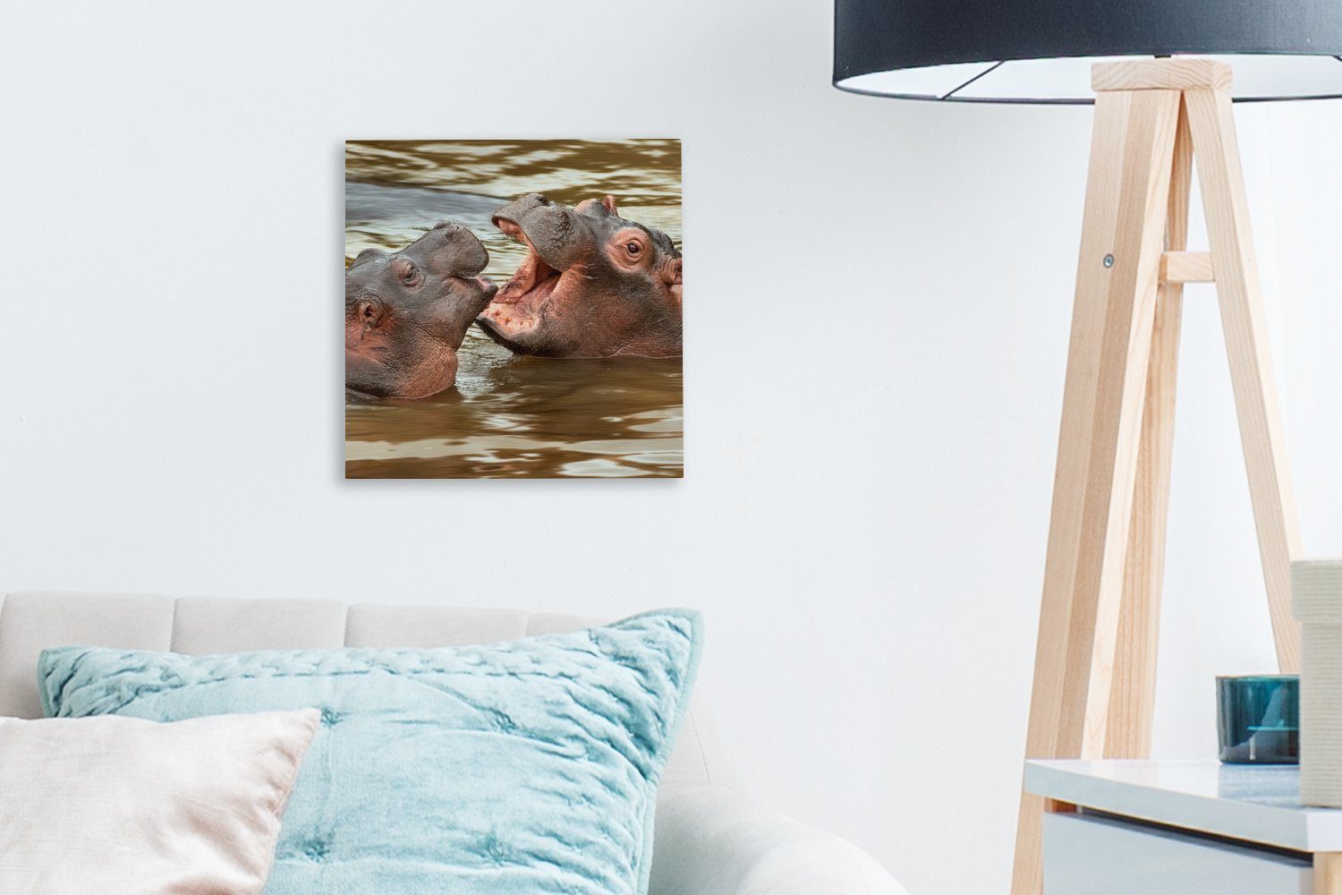 - Leinwandbild - Wohnzimmer OneMillionCanvasses® Schlafzimmer Leinwand Nilpferd (1 St), Bilder Wasser, für Tiere