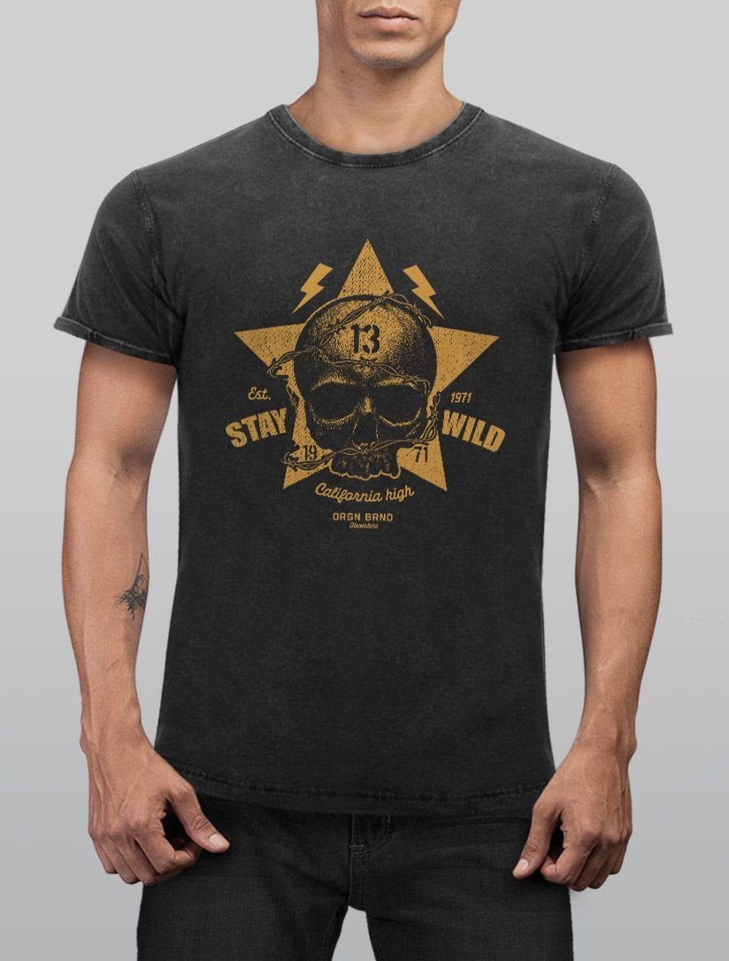 Neverless Print-Shirt Neverless® Totenkopf T-Shirt Vintage Look Fit Wild Used Skull mit Tattoo Slim Herren Print Print Shirt Stay