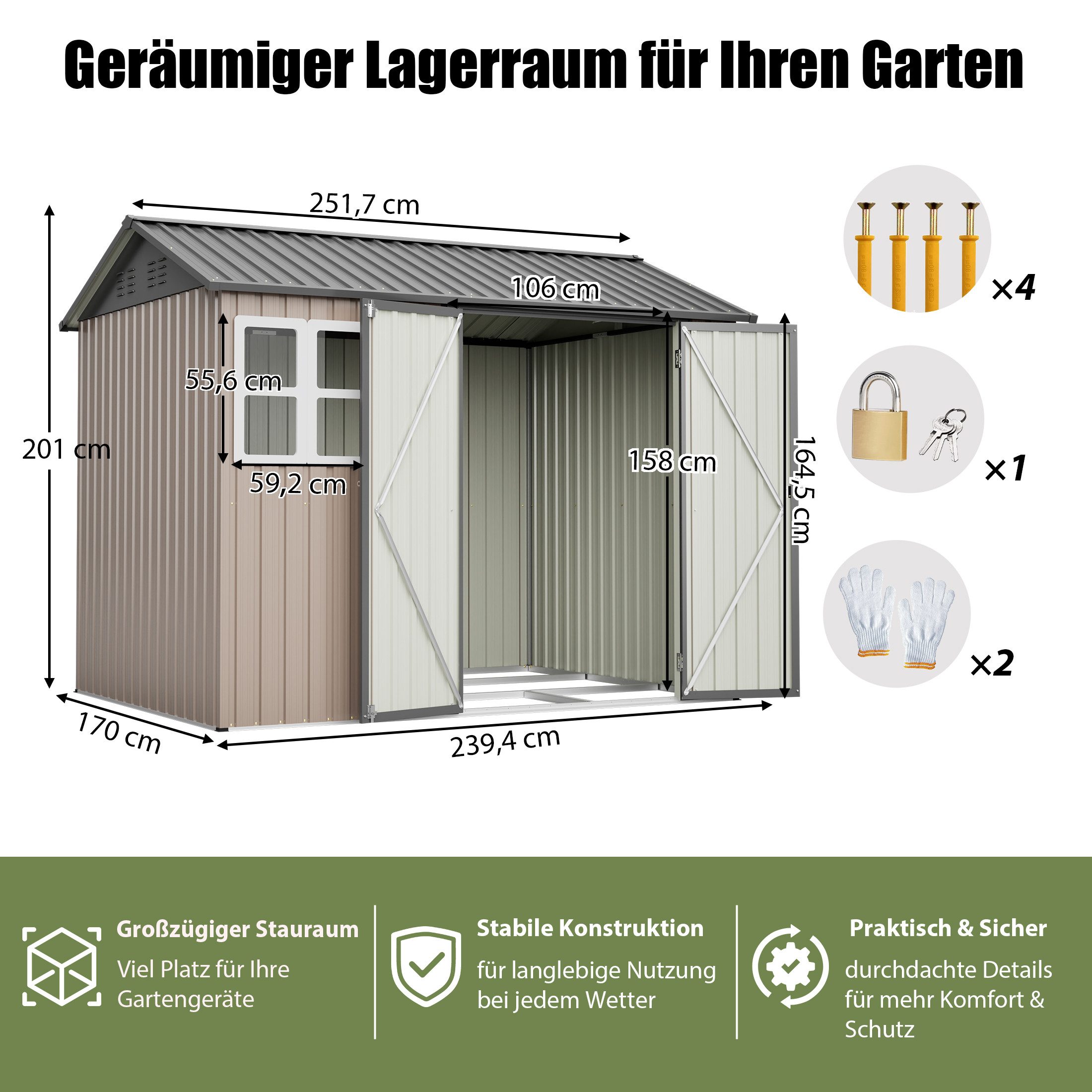 Thanaddo Gartenhaus Gartenhaus aus Metall mit Fenstern, (Metallhütte (8 x 6 Fuß), 251×180×201cm) – Bild 2 von 5