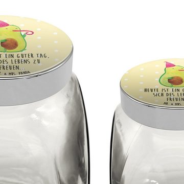 Mr. & Mrs. Panda Vorratsglas XL 2000ml Avocado Feier - Gelb Pastell - Geschenk, Tröte, Gesund, Sna, Premium Glas, (1-tlg), Mit Motiv