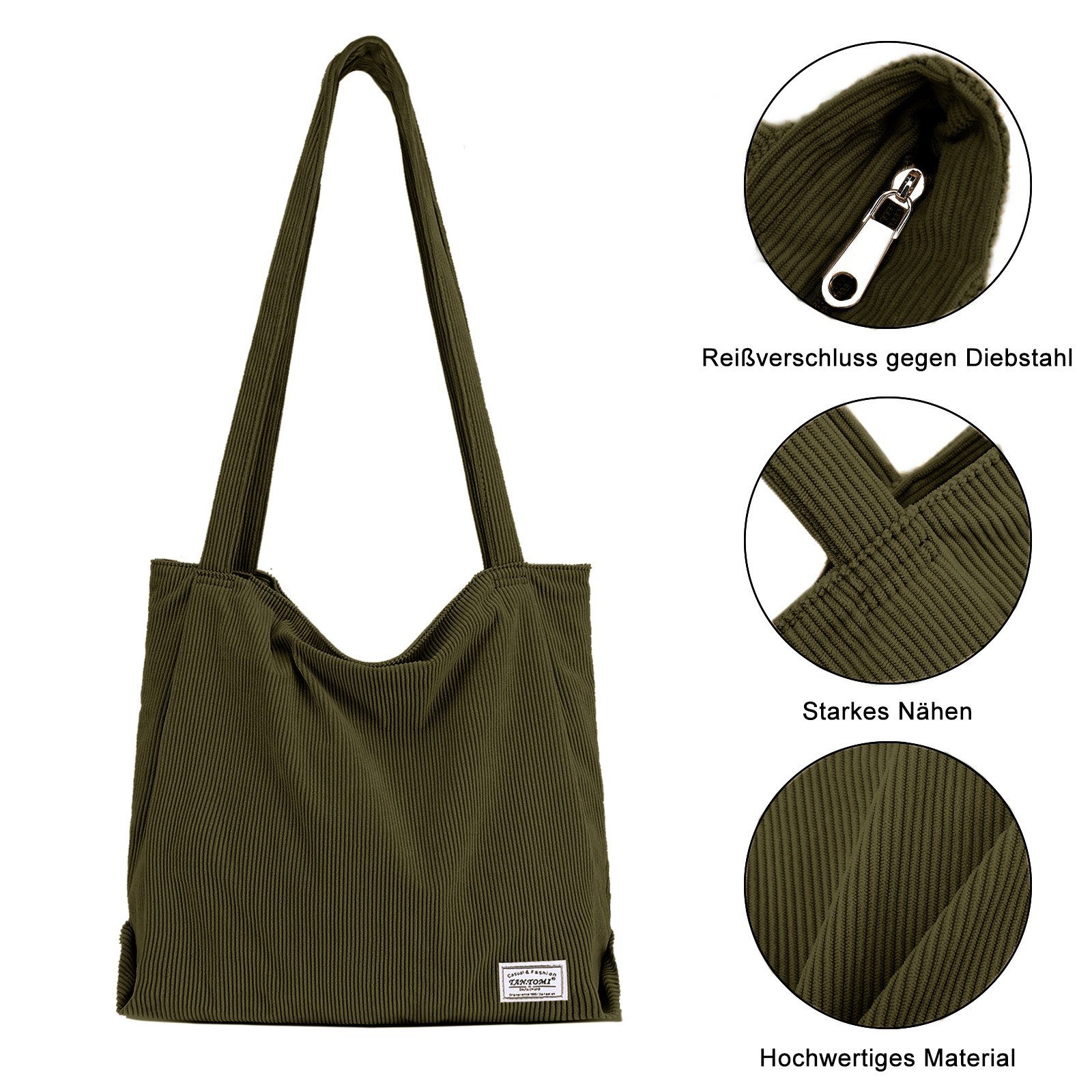 TAN.TOMI Henkeltasche Handtasche, Tasche Cordtasche Damenhandtasche, mit Damen, Dunkelgrün Reißverschluss-Einkaufstasche
