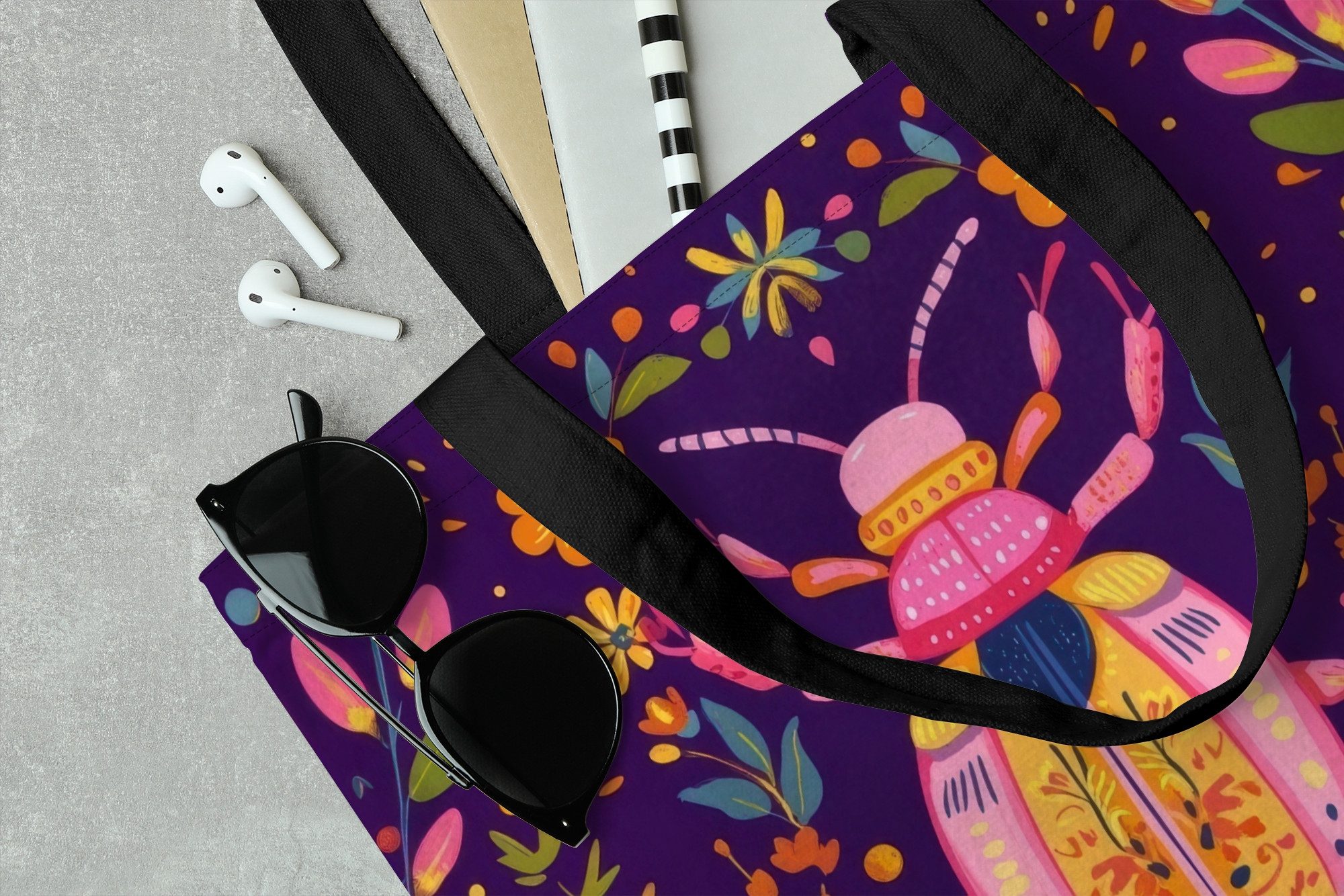 MuchoWow Shopper Käfer - Leuchtend bunt - Blüten - Blätter, Handtasche, Damen und Herren, Schultertasche, Umhängetasche, Tote Bag