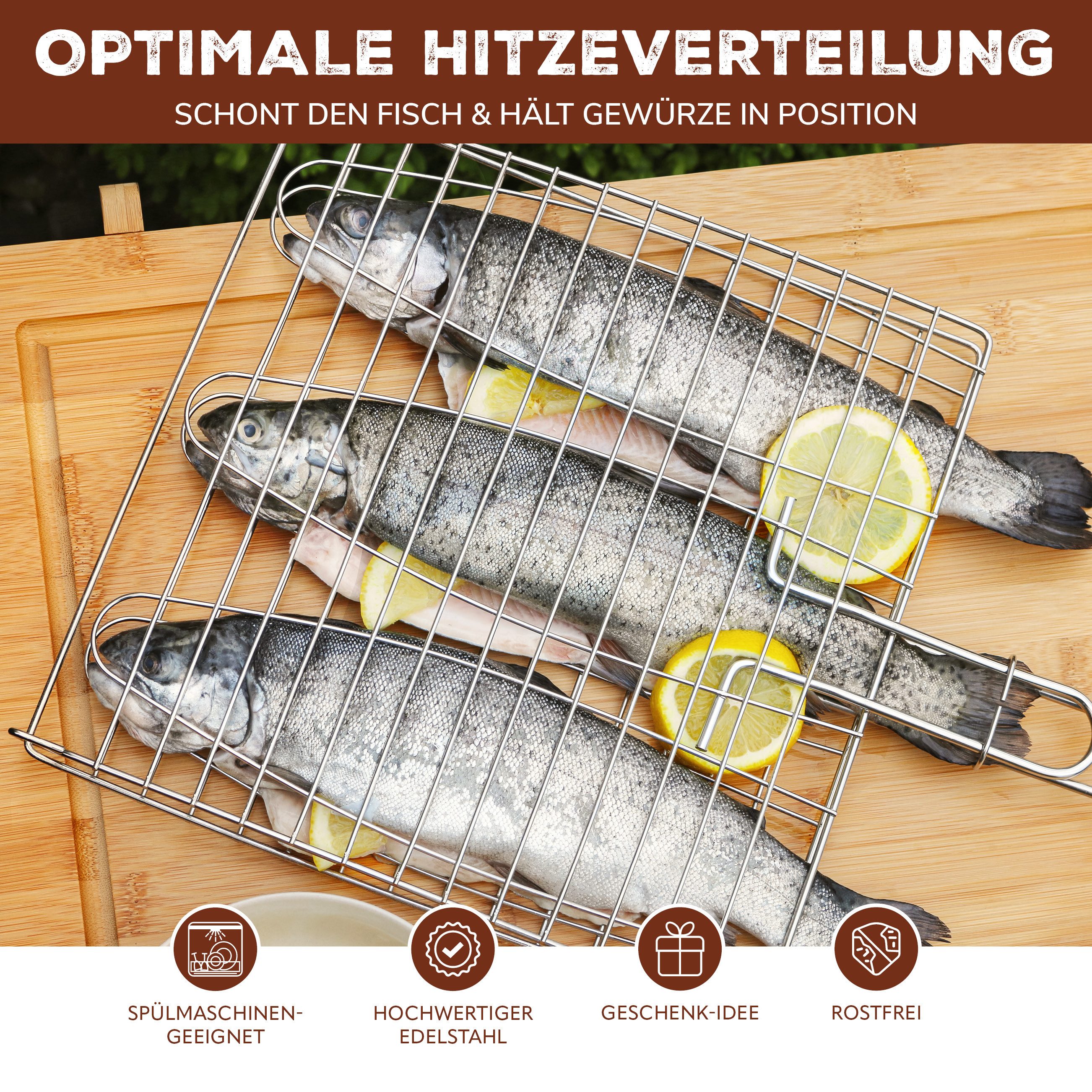 bremermann Grillguthalter Fischgriller 3fach // Edelstahl // ca. 59 x 27,5 cm // Fischbräter – Bild 2 von 5
