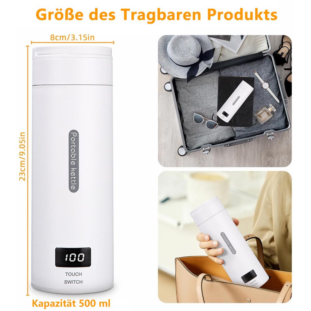 TUWENA Wasserkocher Elektrischer Wasserkocher Klein 500ML, 3 in 1 Elektrische Wassertasse, Heizbecher mit Temperatureinstellung für Reise mit Bürsten und Tasche – Bild 2 von 5