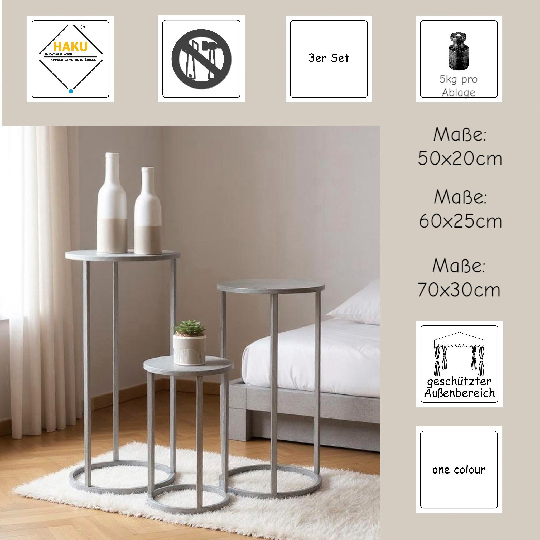 HAKU Blumentisch Blumenpodest, Blumenständer, Pflanzsäule (Set, 3-St., 3er Set), rund - aus Metall Grau - Ø/H 20/50 und 25/60 und 30/70 cm