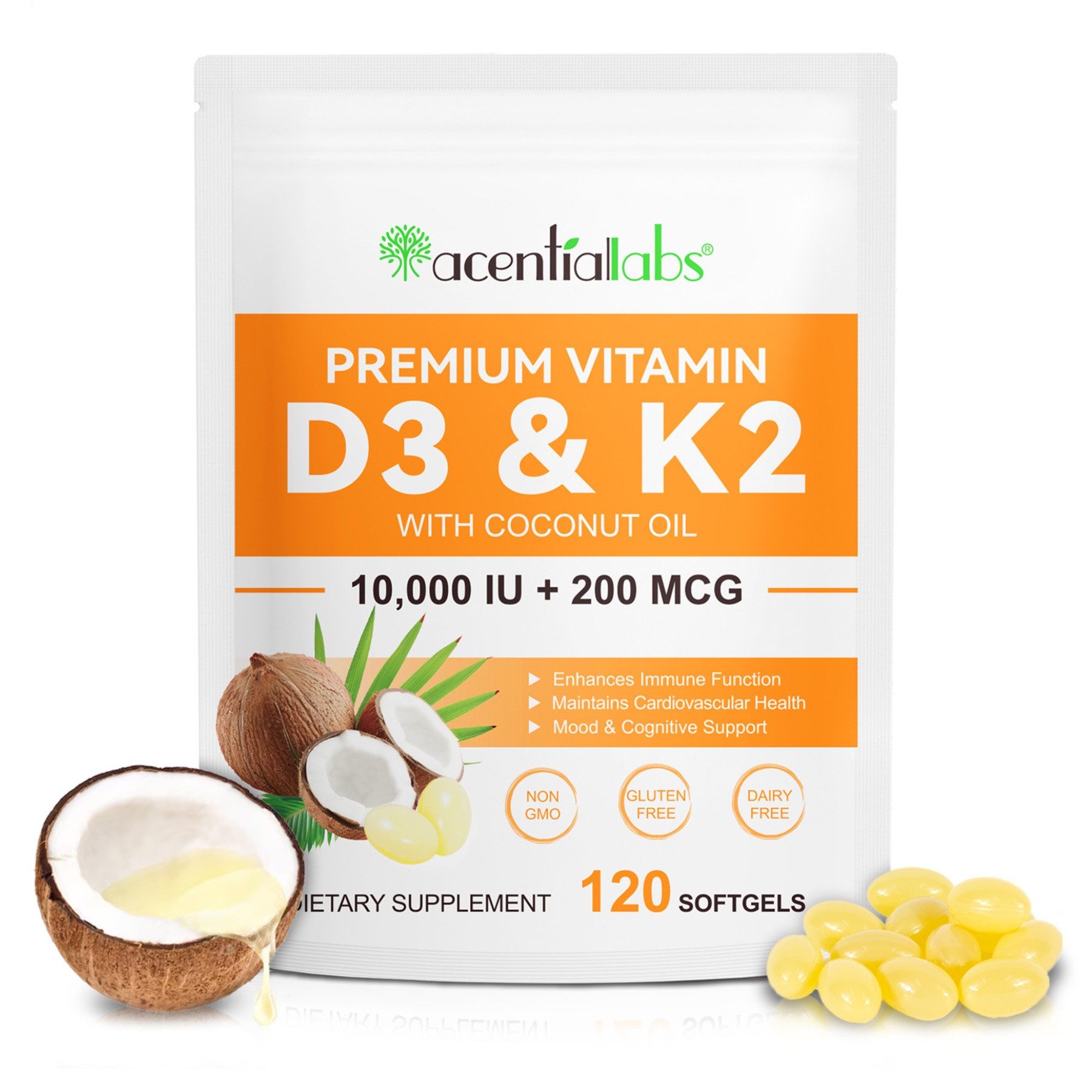 Acentiallabs Vitamin D3 + K2 mit 10,000 IE + 200 mcg K2 (MK7) Premium Softgels Softgels, Nahrungsergänzungsmittel, Superfood, Acentiallabs