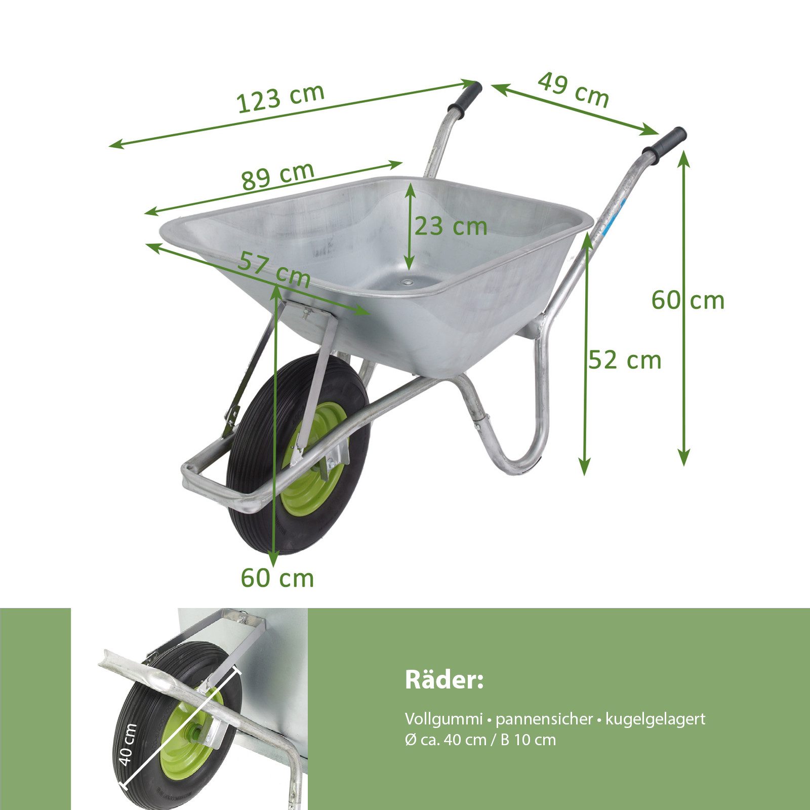 TRUTZHOLM Schubkarre 100L 250kg Vollgummirad Stahlfelge Stahlwanne Schutzbügel Verstärkung, (Einzeln, 1-tlg), verzinktes Stahlgestell