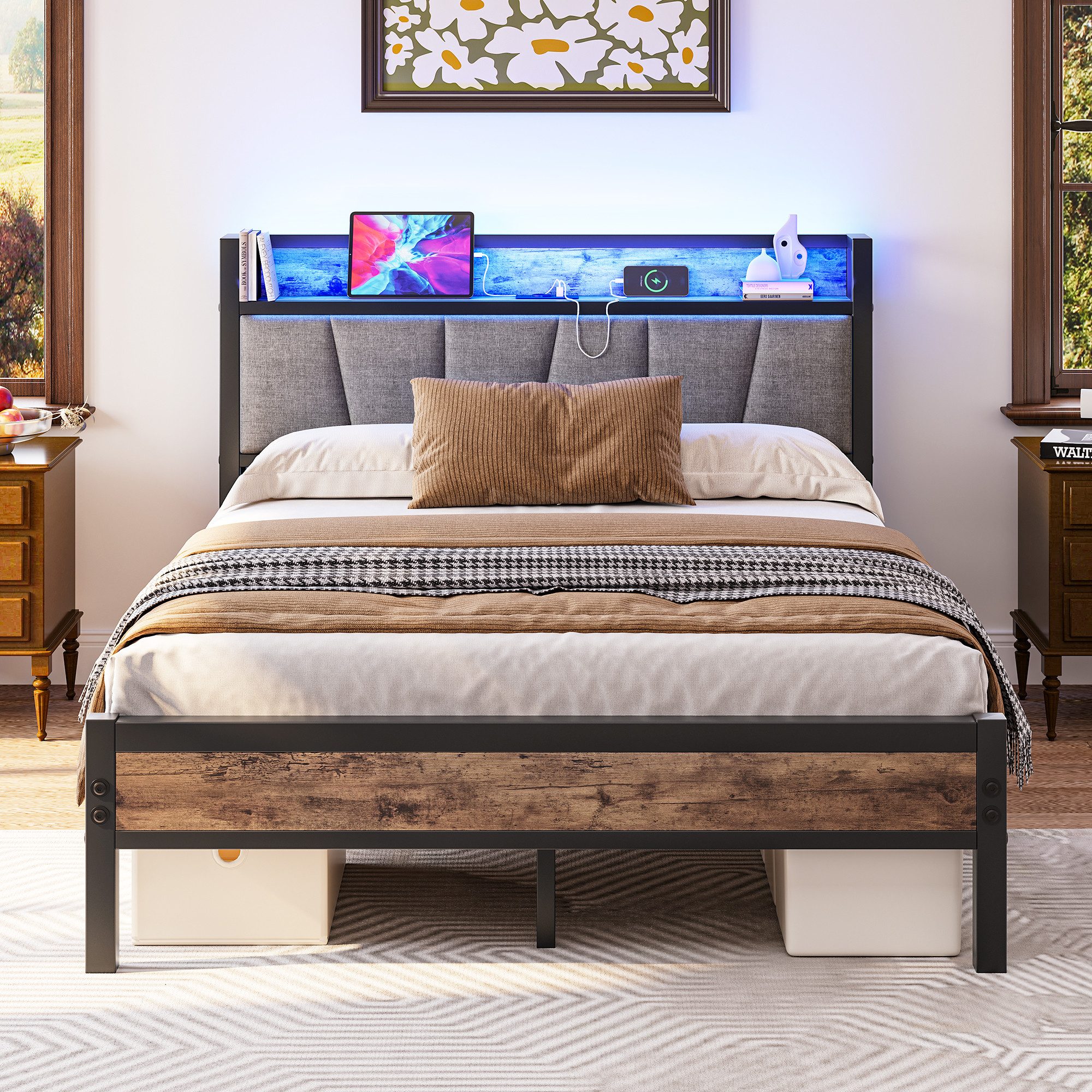 HOMERECOMMEND Metallbett mit 2 USB-Anschlüssen und LED Beleuchtung (1-tlg., Ohne Matratze), Jugendbett Bettgestell 90 x 200 cm