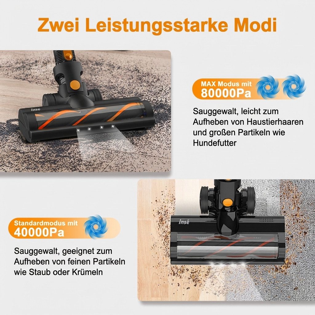 INSE Akku-Hand-und Stielstaubsauger 2026 Neuer Akku Staubsauger 80000 Pa/55 Min/1,2 L Staubsauger Kabellos, mit Beutel, 50dB leise/5-Stufen-Filter/LED Display, Ideal für Böden/Teppiche/Auto