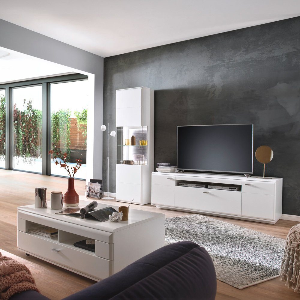 Lomadox Wohnwand ALIA-05, (3-St., 3-tlg), Fernsehwand montiert weiß matt modern, Lowboard, Vitrine, Couchtisch