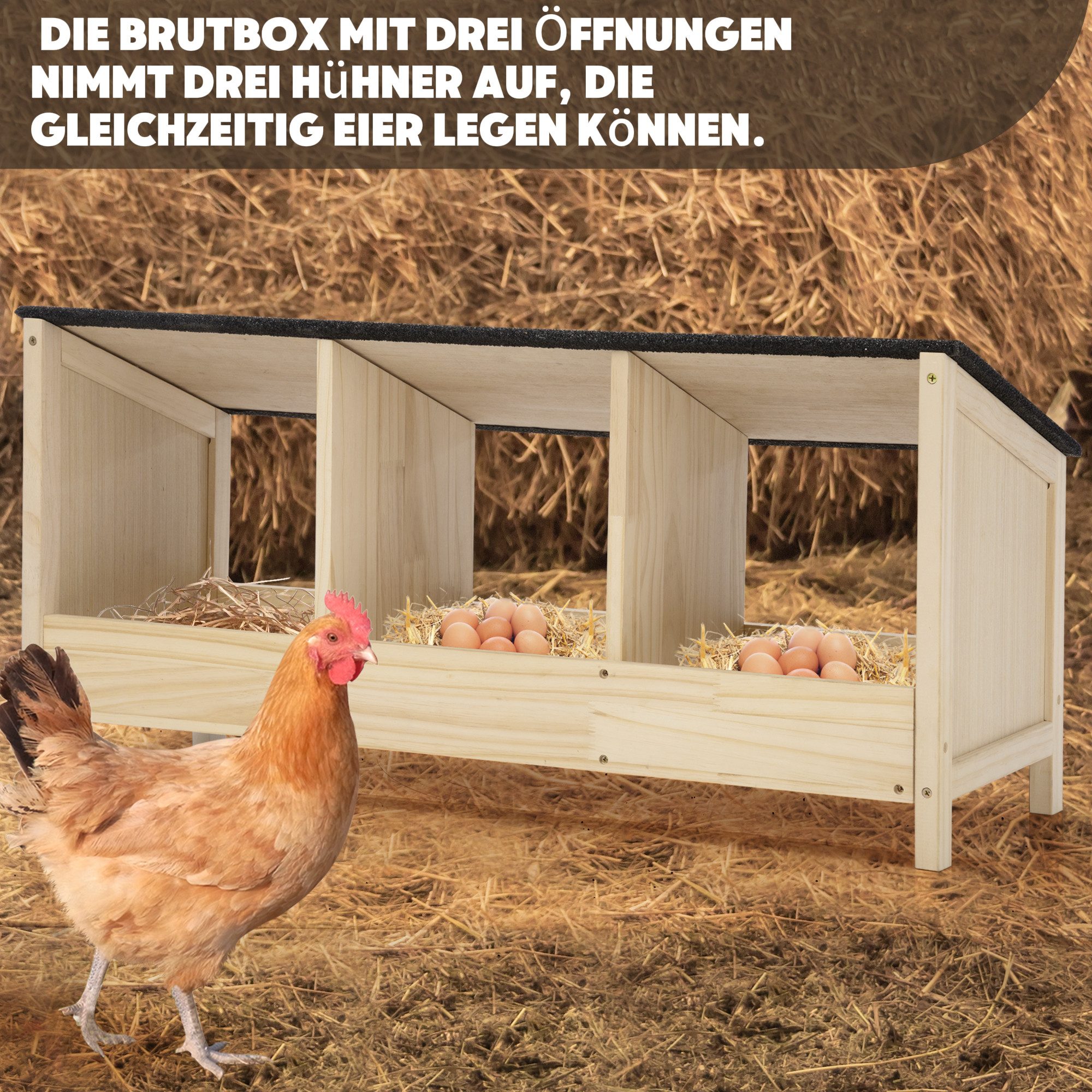 FURPAL Hühnerstall 3er Holz-Hühnernest mit Bitumendach – wetterfest & stabil für draußen, Praktische Legenester mit Trennwänden für sicheres Eierlegen