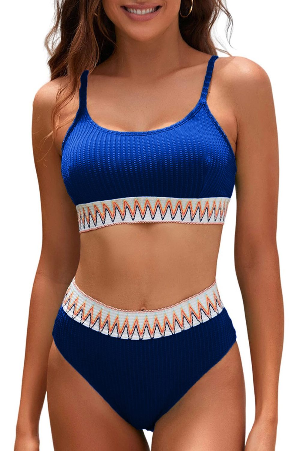 ENIX Push-Up-Bikini Geripptes Bikini-Set mit hoher Taille 2 Stück Sexy Bademode mit Riemen Damen zweiteilige Bikini-Sets Badeanzüge Badeanzug mit hoher Taille