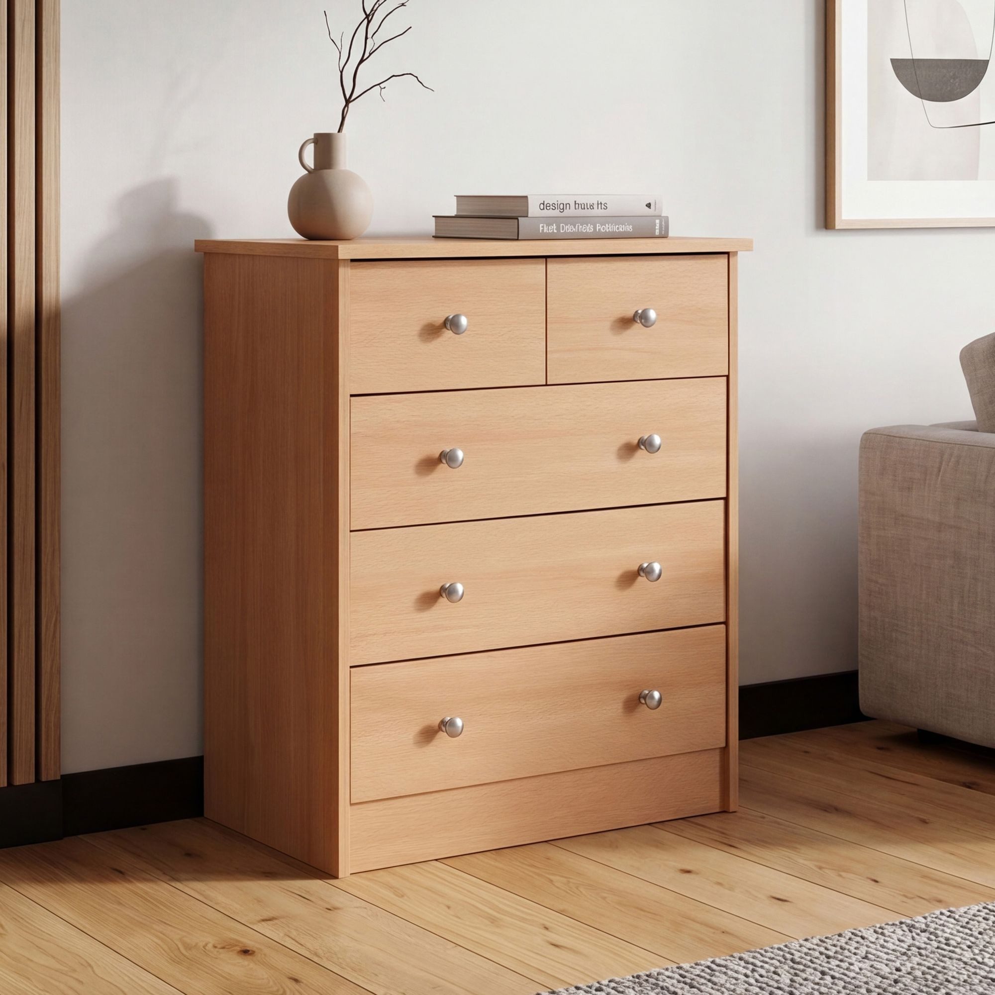 FINEBUY Sideboard SuVa1594_1 Schubladenkommode mit 5 Schubladen 60cm Kommode zeitlos (Kommode 60x70x35 cm Buche mit 5 Schubladen Modern), Kommodenschrank Flur, Design Mehrzweckanrichte