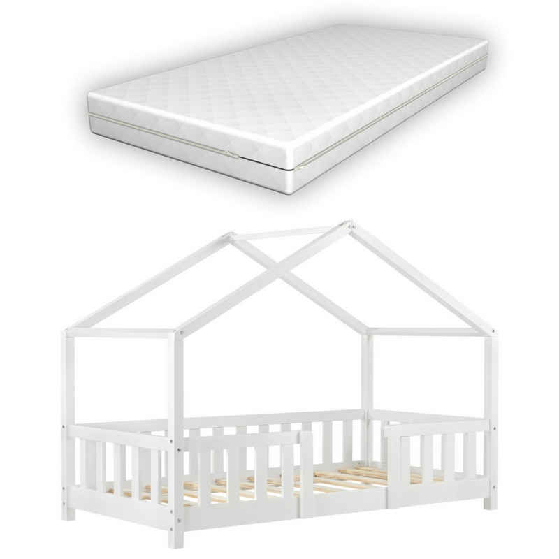 en.casa Kinderbett (Bett und Matratzen), »Treviolo« Hausbett mit Matratze Weiß 70x140 cm