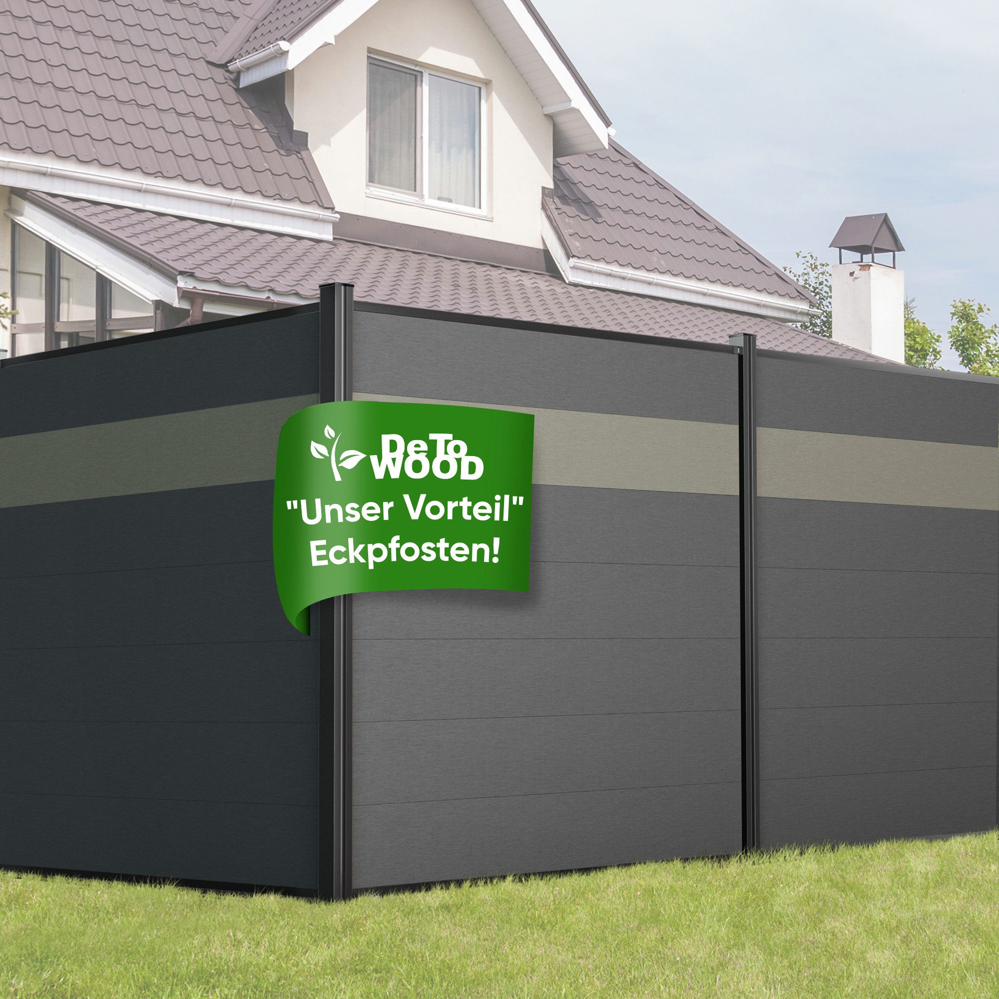 Detowood GmbH Gartenzaun Gartenzaun WPC Zaun Royal Plus Anthrazit-Steingrau Einbetonieren, (Komplettset, Komplettset inklusive Zaunpfosten und Montagezubehör), Stabile Bauweise durch Zaunpfosten aus Aluminium