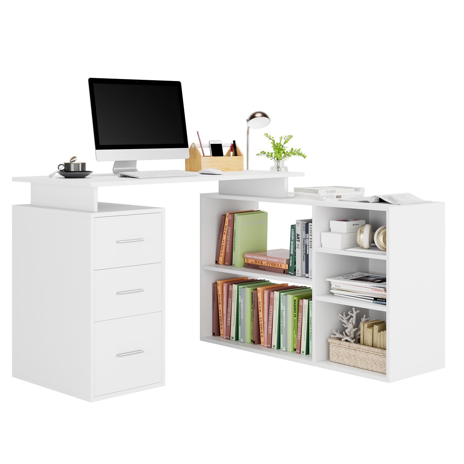 Homfa Computertisch Schreibtisch in L-Form, Eckschreibtisch Bürotisch Weiß