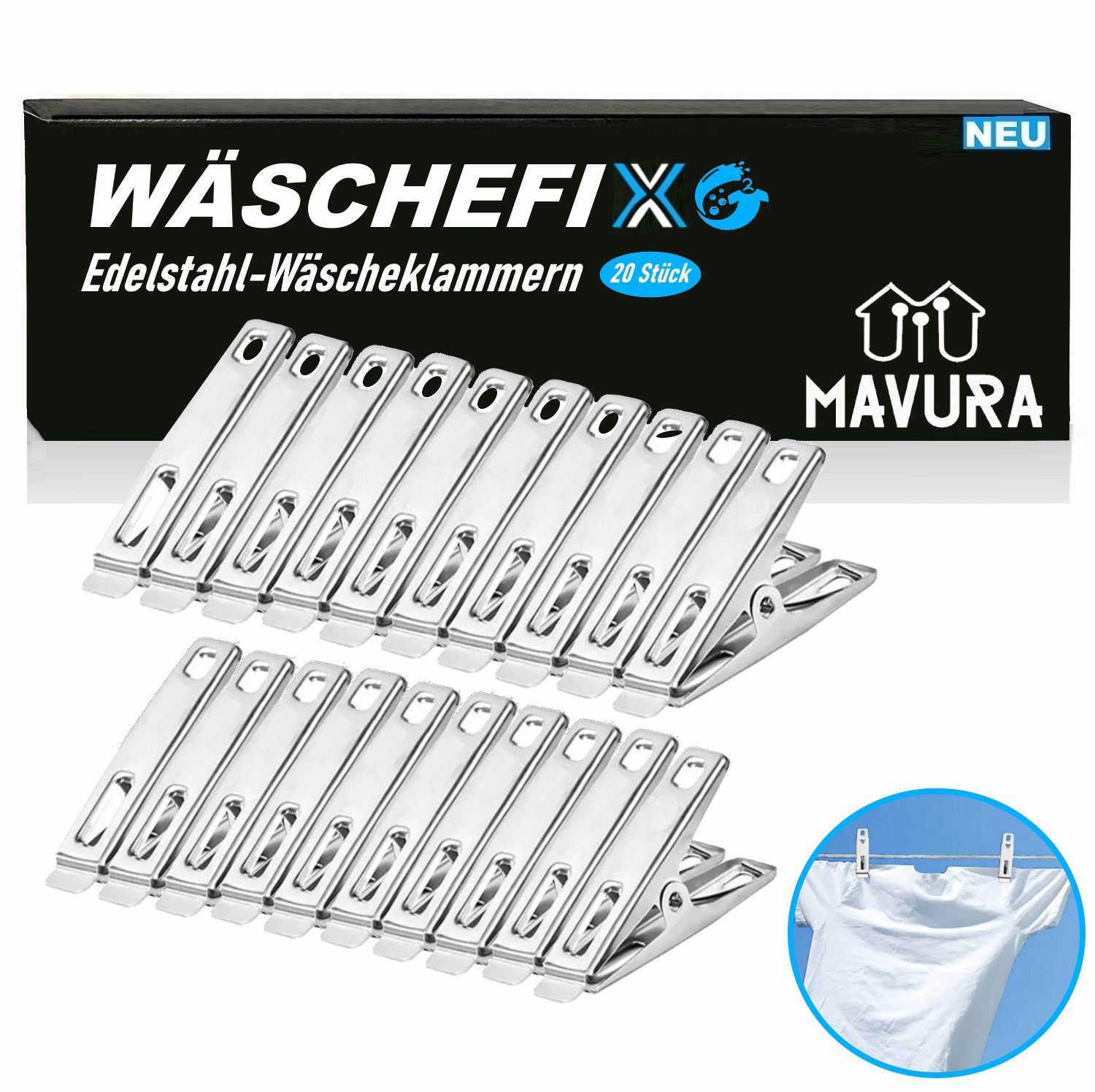 MAVURA Wäscheklammern WÄSCHEFIX Edelstahl Wäscheklammern Set Edelstahlklammern, Handtuchklemmen Wäscheleine Klammern Winddicht rostfrei [20er Set]