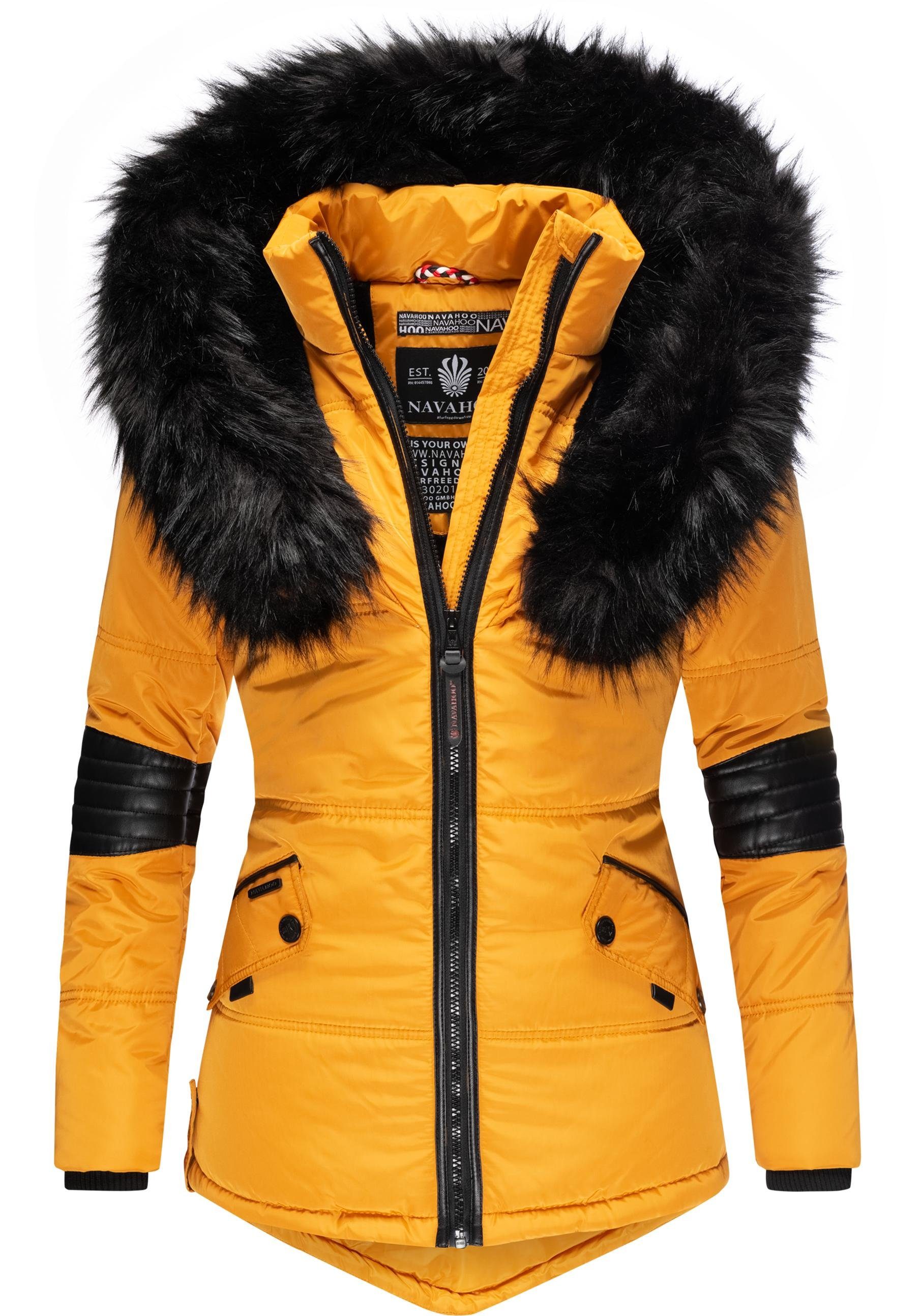 Navahoo Winterjacke Nirvana edle Steppjacke m. schwarzem Kunstpelzkragen sonnengelb