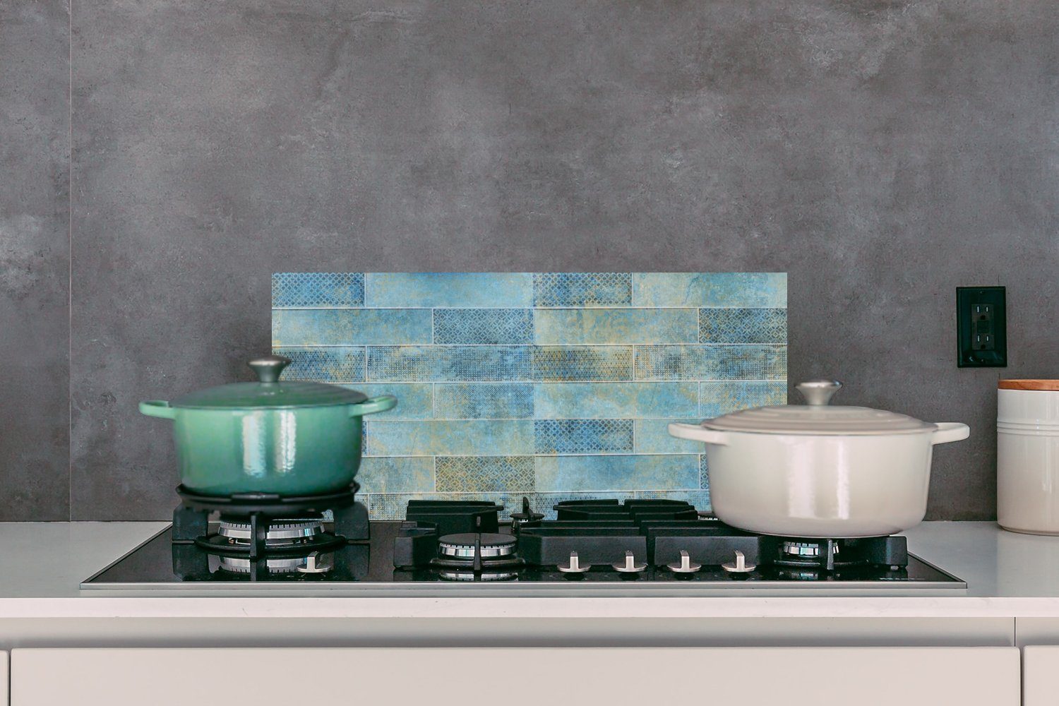 - Küchen Blau für (1-tlg), Vintage Küchenrückwand - gegen Schmutzflecken Design, cm, Fett 60x30 - MuchoWow und Steine Wandschutz,