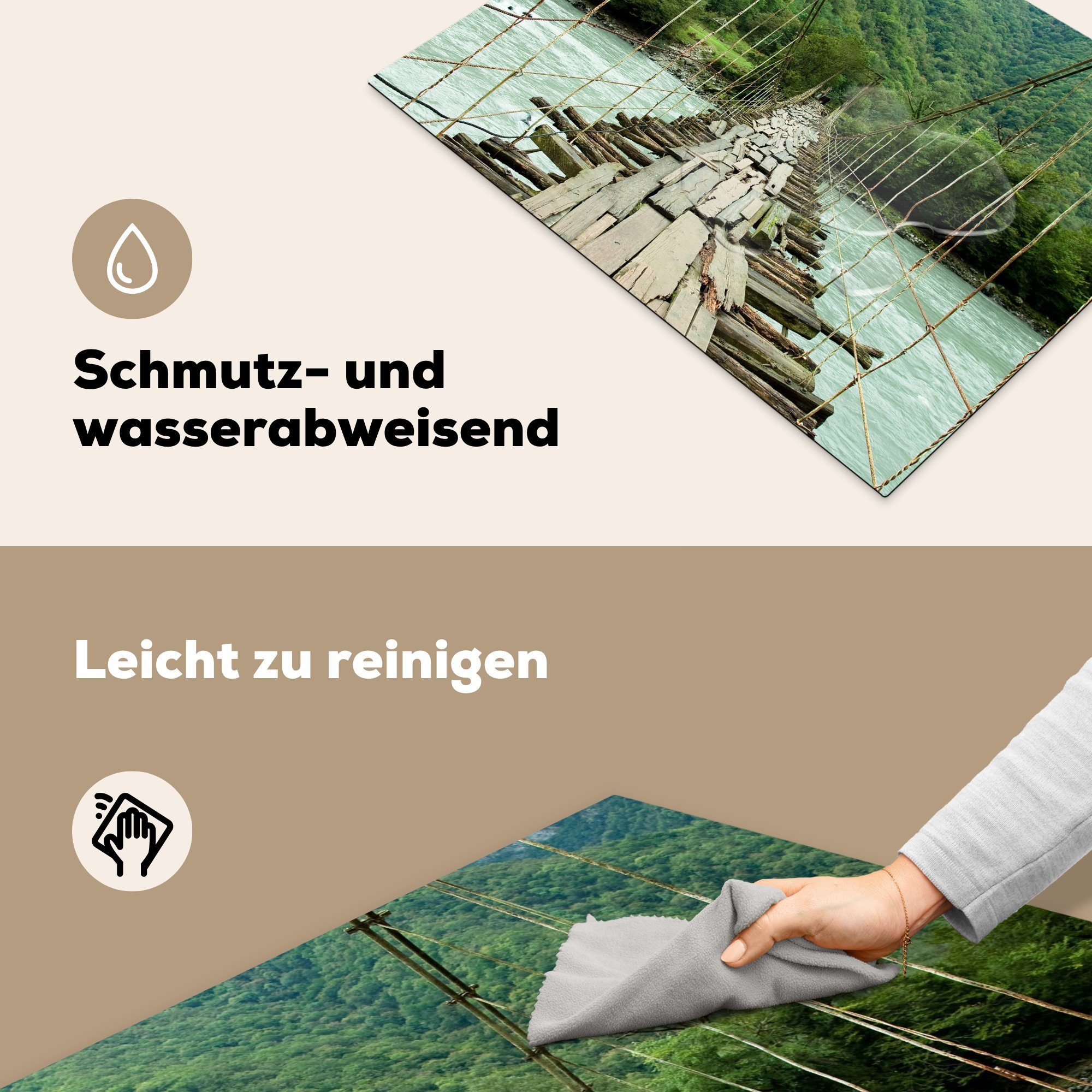 MuchoWow Herdblende-/Abdeckplatte Brücke - küche, (1 cm, 71x52 für die Vinyl, - Fluss, Schutz Holz Induktionskochfeld Ceranfeldabdeckung tlg)