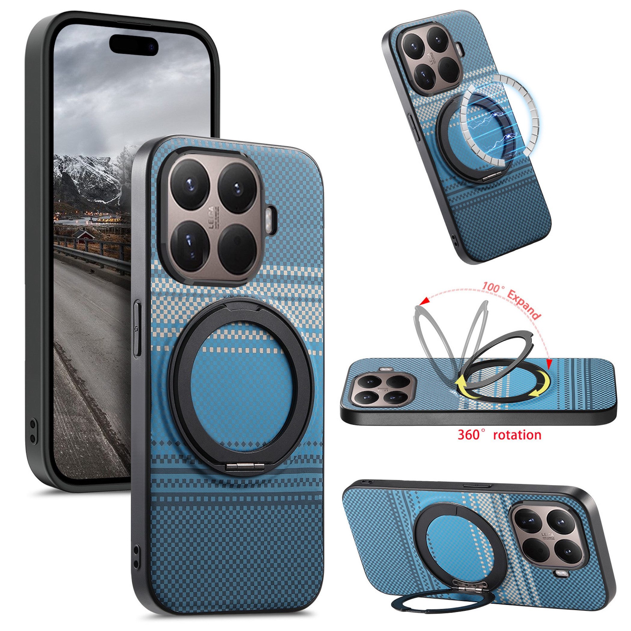 Wigento Handyhülle MagSafe Drehkippständer Muster Xiaomi 17T TPU Kameraschutz Blau 6,59 Zoll, Magnetisch, Durchsichtig, Stoßfest