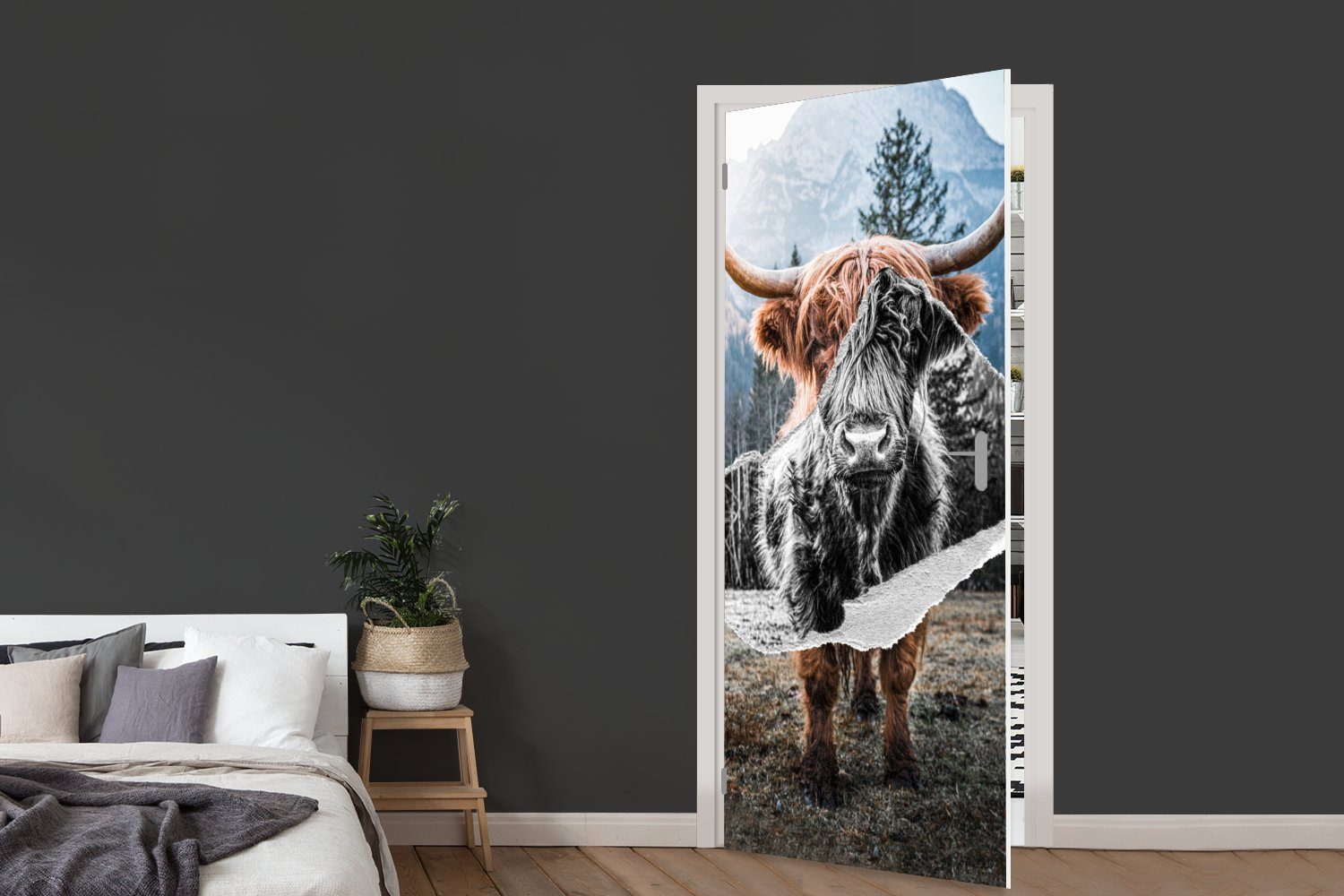 MuchoWow Türtapete Schottischer Highlander - Tür, bedruckt, (1 Kuh 75x205 Türaufkleber, cm - Fototapete für Tiere, St), Matt