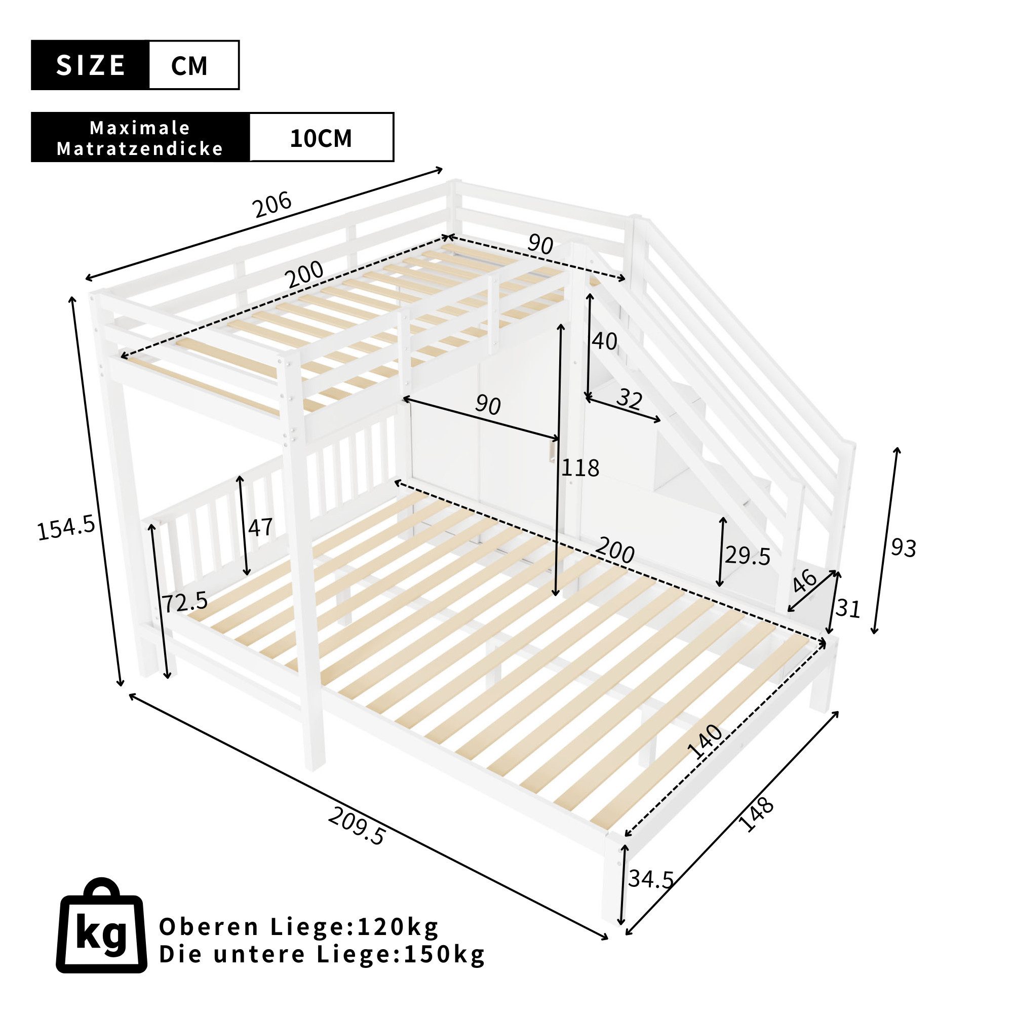 Flieks Etagenbett, Kinderbett 90x200cm+140x200cm mit Stauraumtreppe und Kle günstig online kaufen