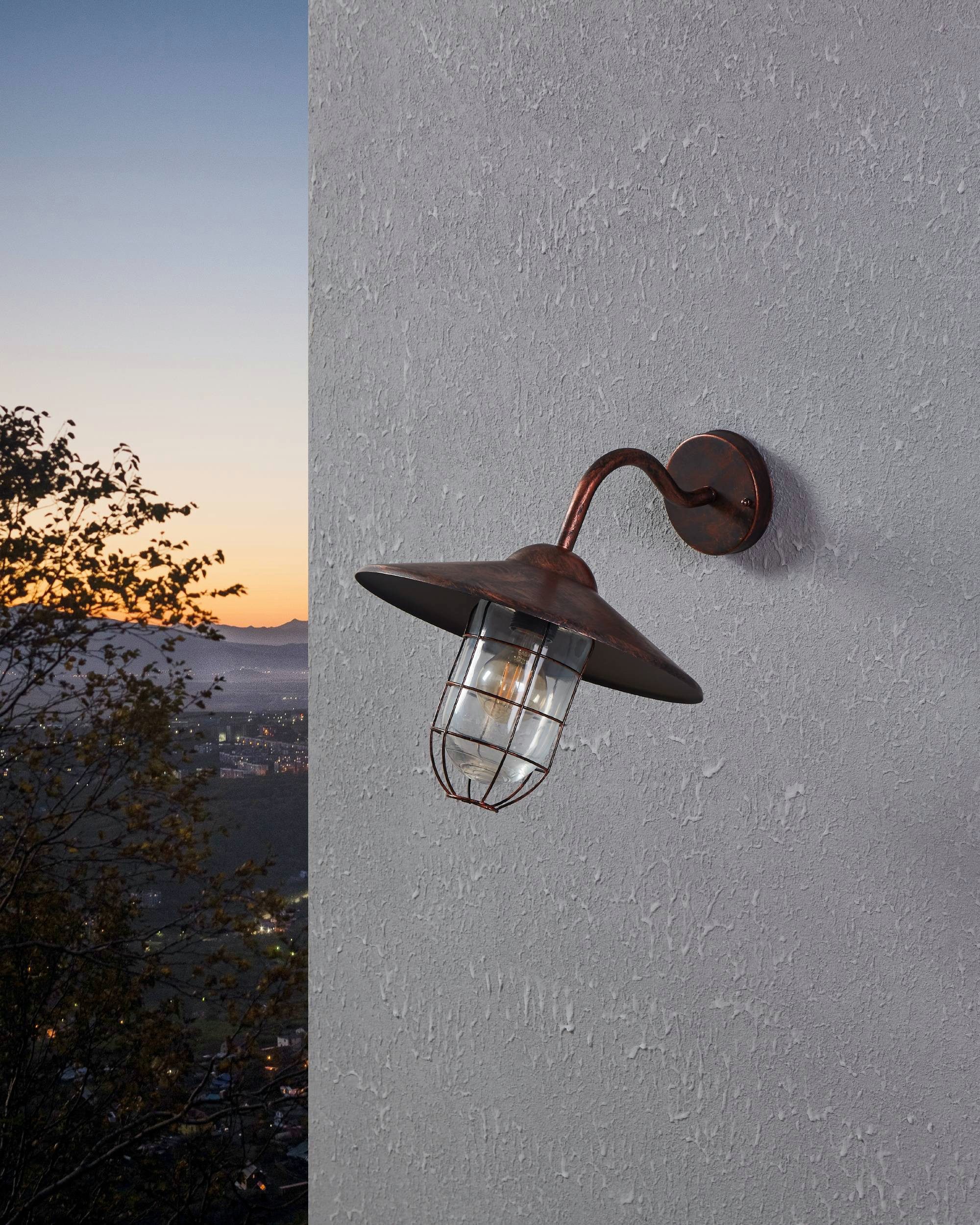 EGLO Wandleuchte Melgoa Außen-Wandlampe, Wandleuchte aus Stahl und Glas, E27, IP44, ohne Leuchtmittel, Wand-/Deckenleuchte - L30 x H25 x AL38 cm - kupferfarben-antik