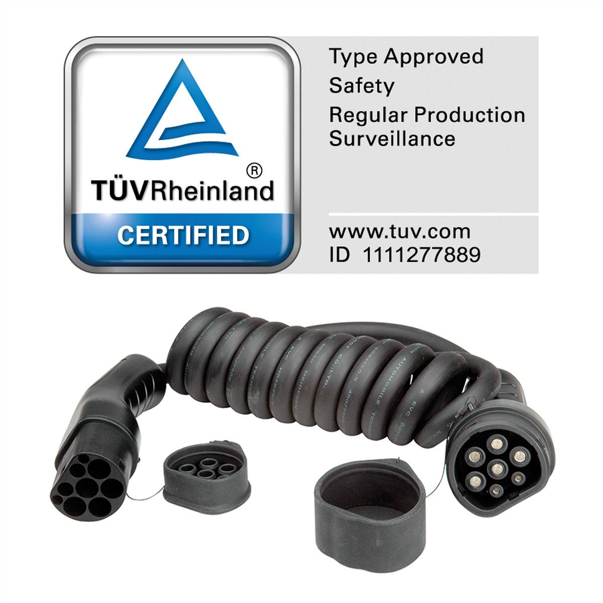 ROLINE E-Auto Spiral-Ladekabel Typ2, 3-phasig Autoladekabel, IEC 62196-2 Typ 2 (VDE-AR-E 2623-2-2) Männlich (Stecker), IEC 62196-2 Typ 2 (VDE-AR-E 2623-2-2) Weiblich (Buchse) (300.0 cm), 480VAC (3P+N+E), 16 A, 11 kW, max. 2m